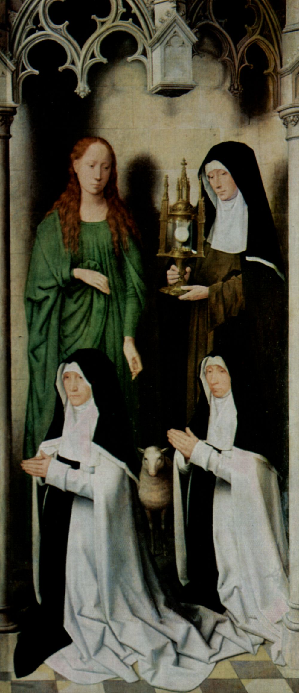 Hans Memling: Triptychon der Mystischen Hochzeit der Hl. Katharina von Alexandrien, rechter Auenflgel: Stifterinnen Agnes Casembrood und Clara van Hulsen, mit der Hl. Agnes und der Hl. Clara