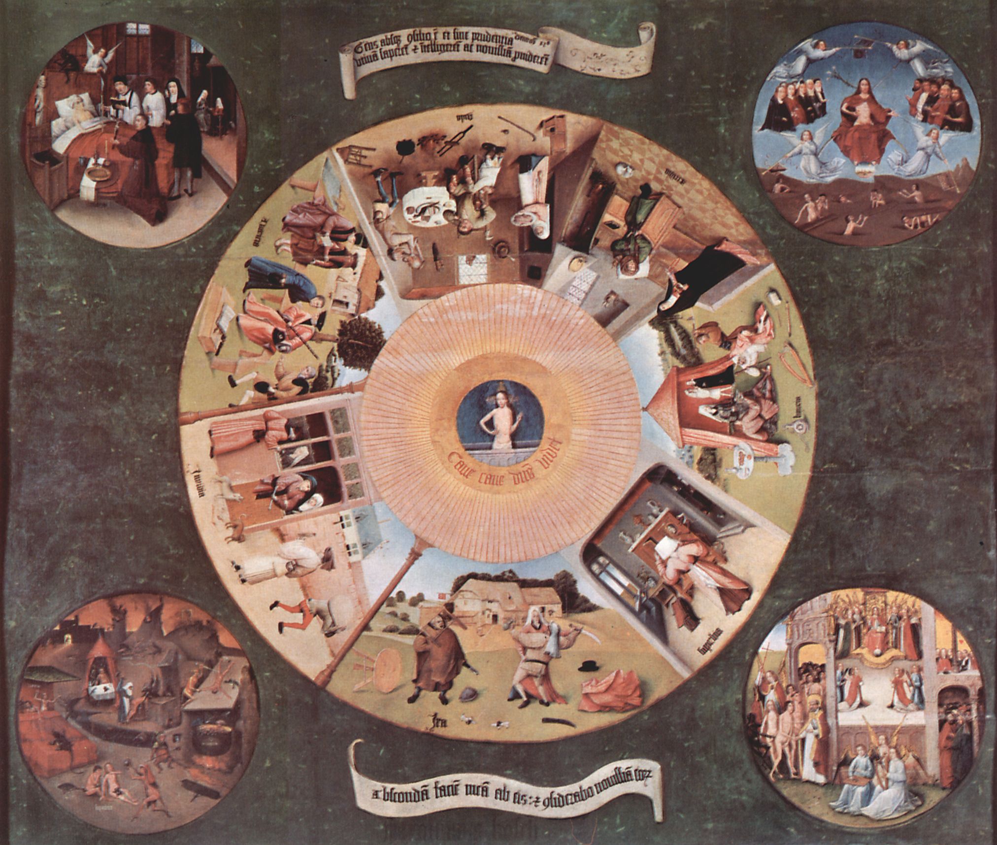 Hieronymus Bosch: Tisch mit Szenen zu den sieben Todsnden und den letzten vier Dingen (Totenbett, Letztes Gericht, Himmel und Hlle)