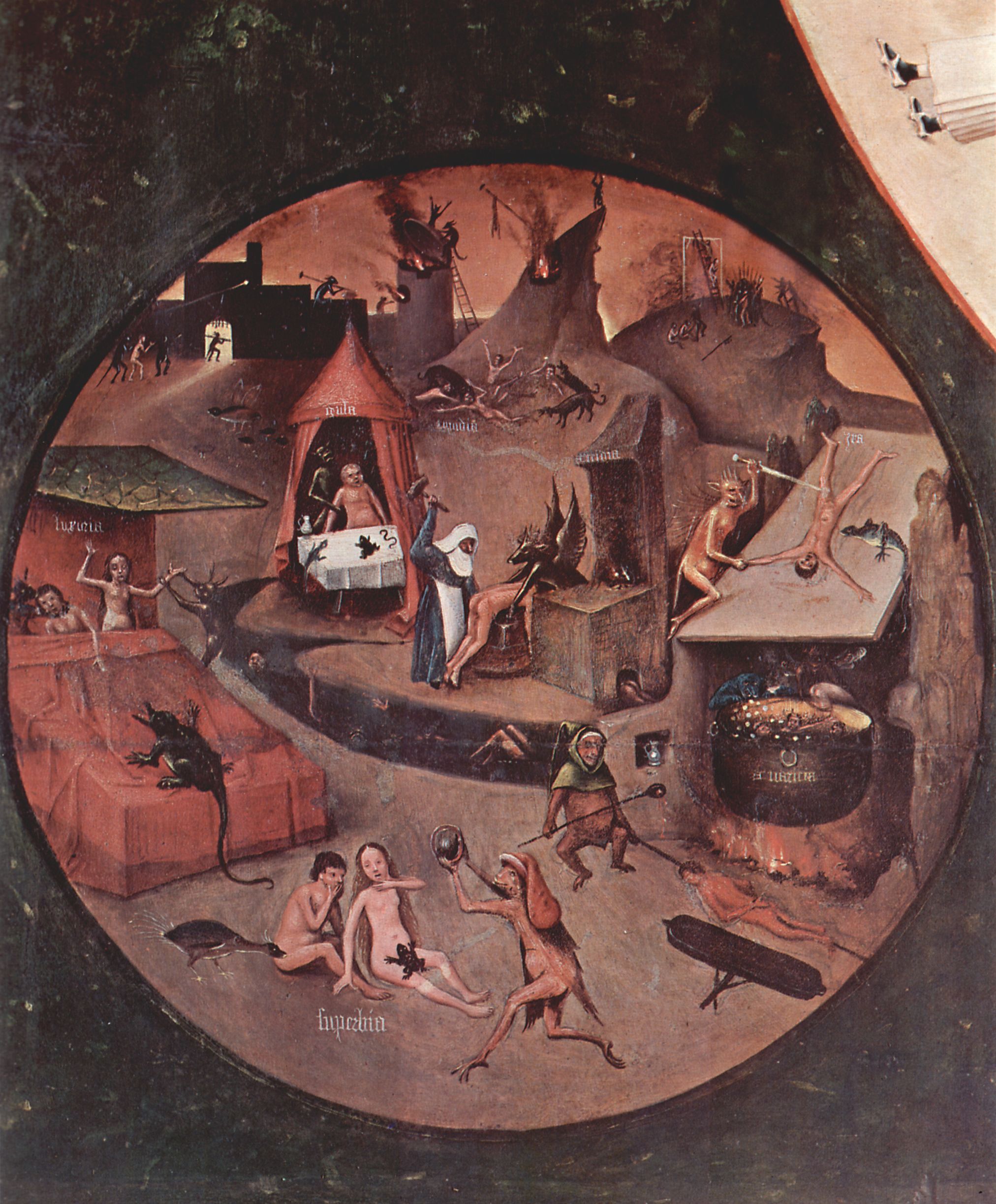 Hieronymus Bosch: Tisch mit Szenen zu den sieben Todsnden und den letzten vier Dingen, Szene: Hlle, Detail: Bestrafung der sieben Todsnden
