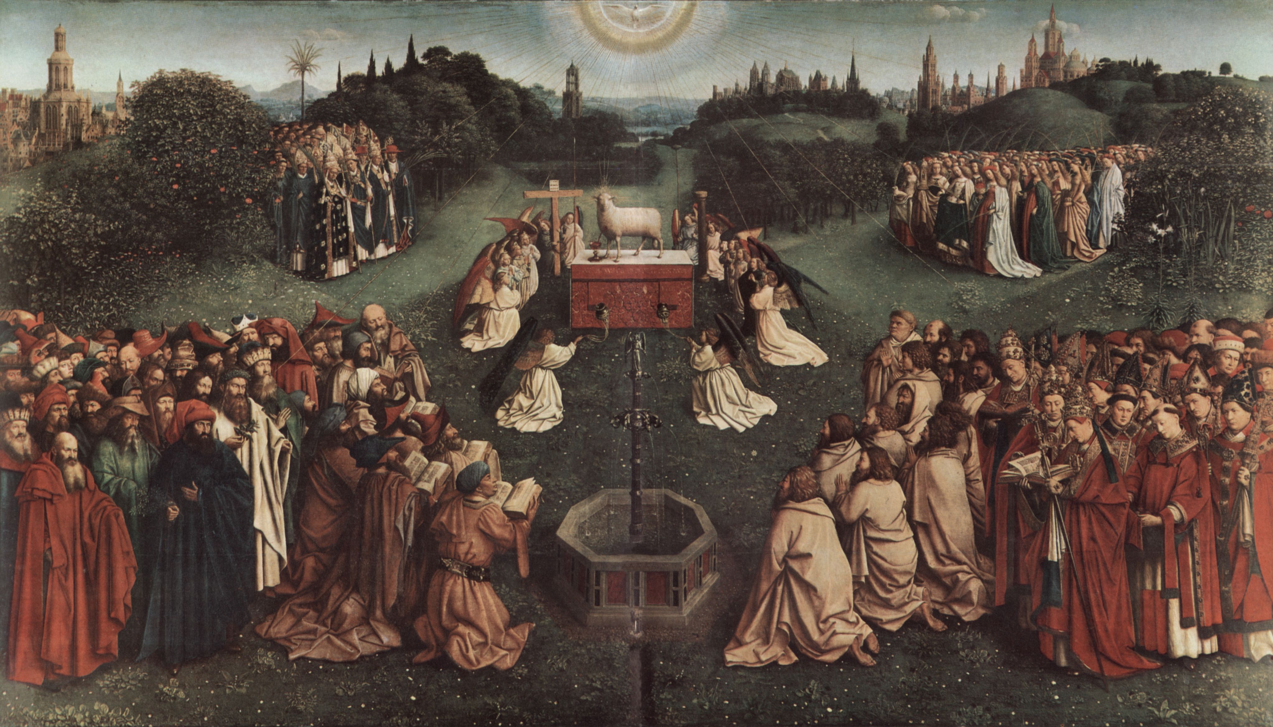 Hubert van Eyck: Genter Altar, Altar des Mystischen Lammes, Haupttafel, Szene: Die Anbetung des mystischen Lammes