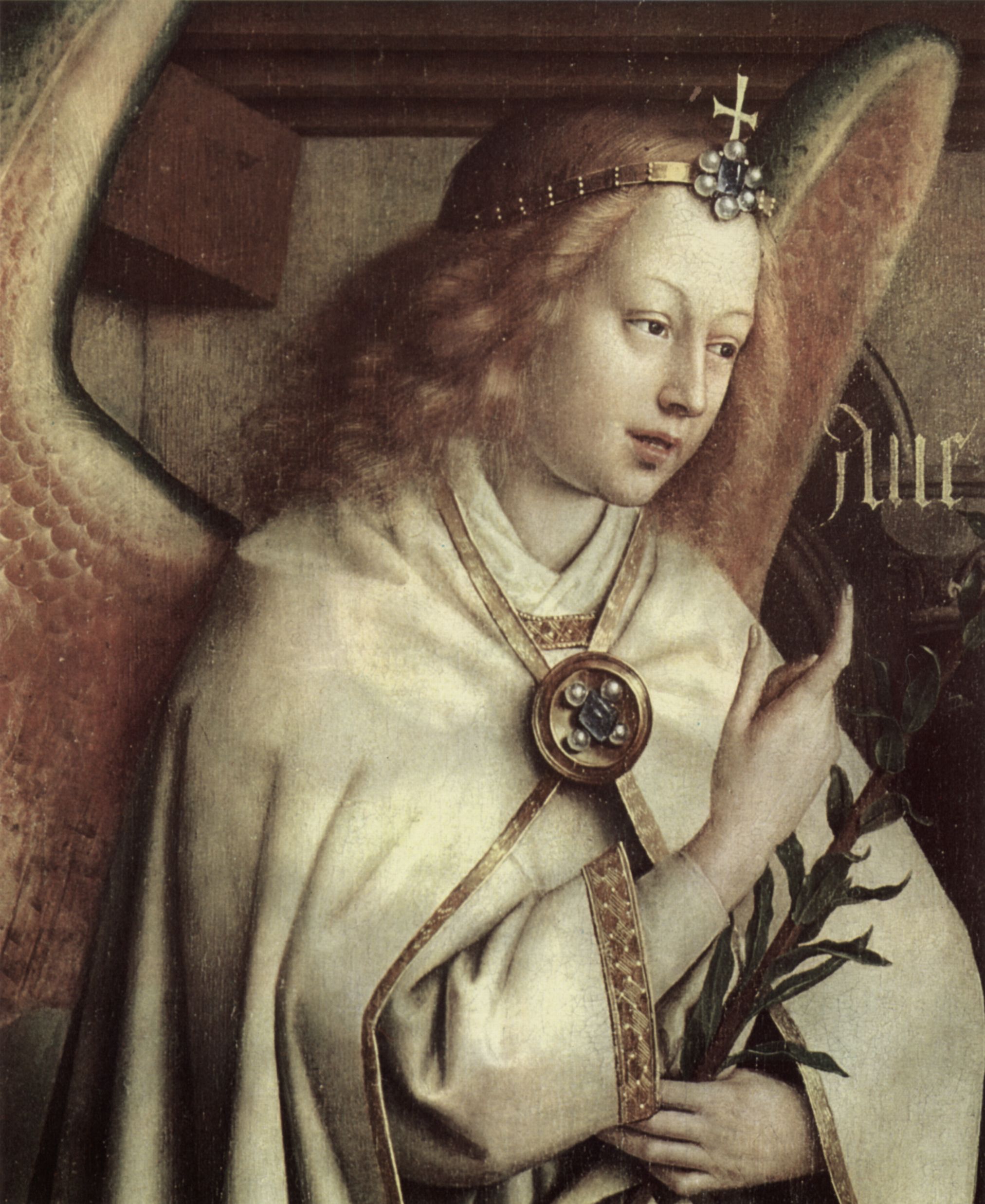 Hubert van Eyck: Genter Altar, Altar des Mystischen Lammes, linker Auenflgel, mittlere uere Szene: Verkndigungsengel, Detail: Gesicht des Engels