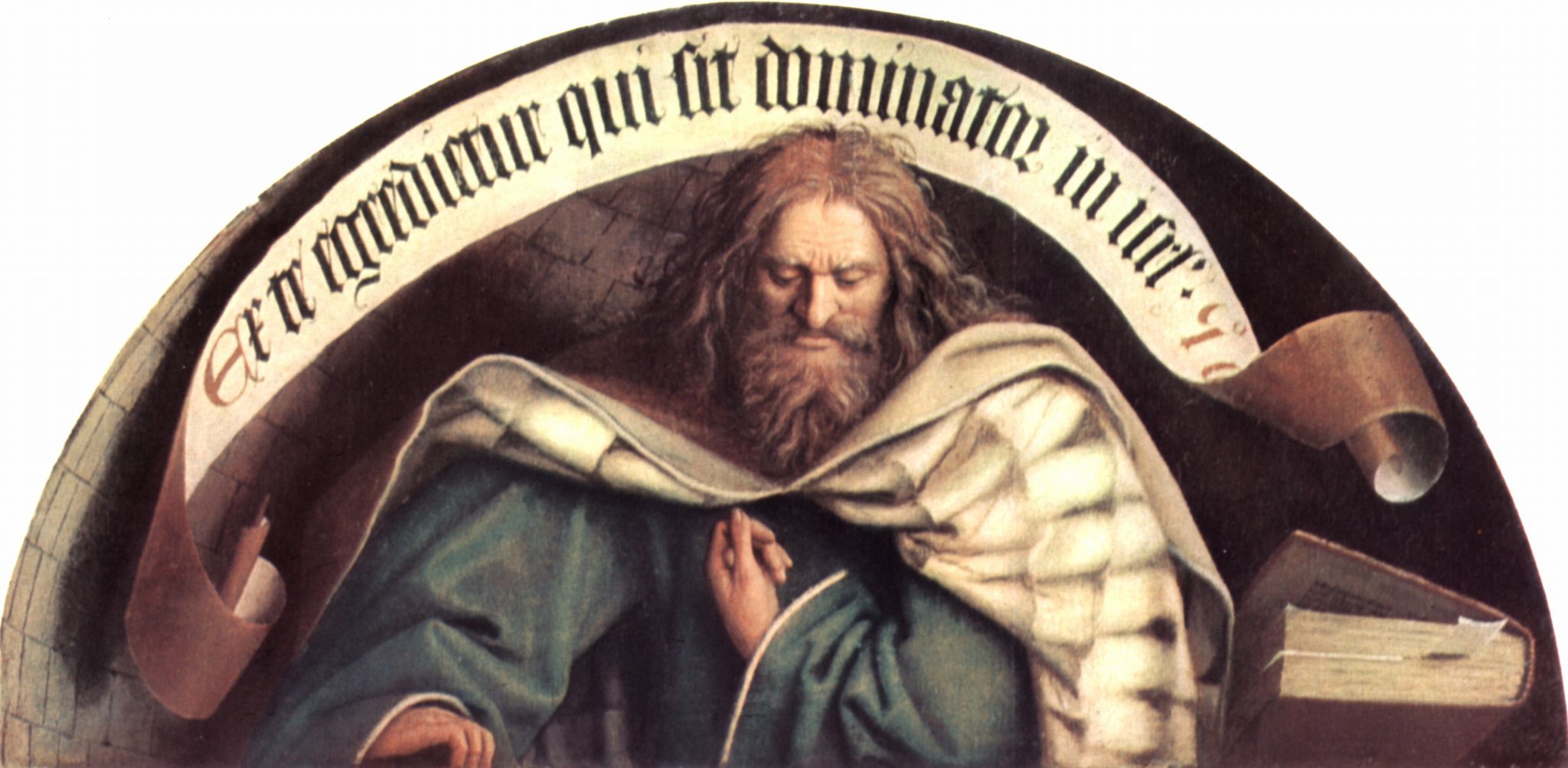Hubert van Eyck: Genter Altar, Altar des Mystischen Lammes, rechter Auenflgel, uere Lnettenszene: Der Prophet Micha
