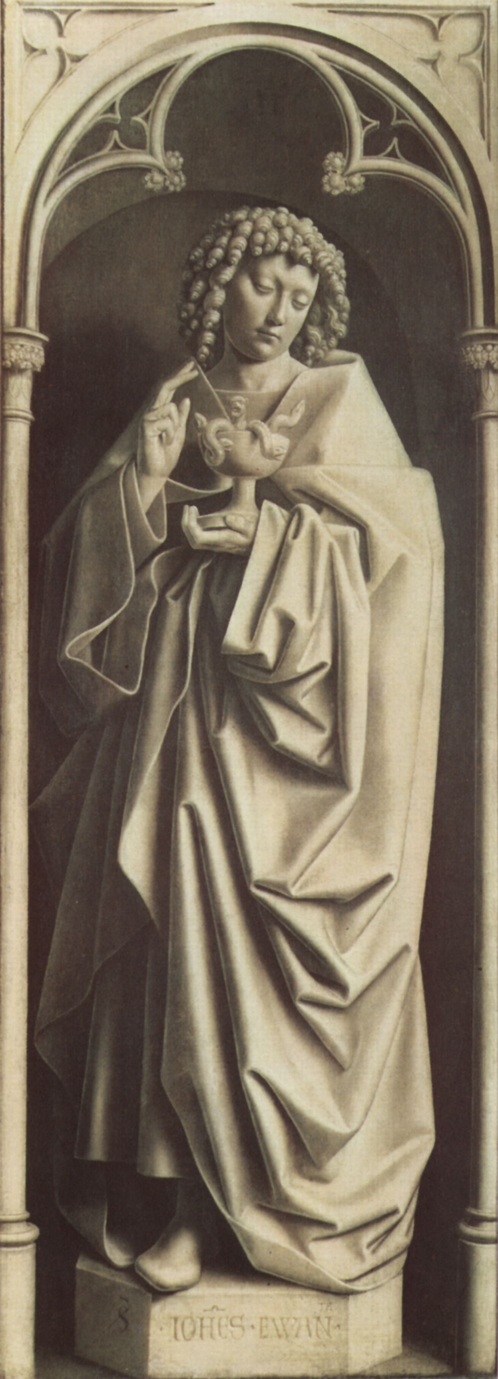 Hubert van Eyck: Genter Altar, Altar des Mystischen Lammes, rechter Auenflgel, untere innere Szene: Hl. Johannes der Evangelist, Skulpturimmitation