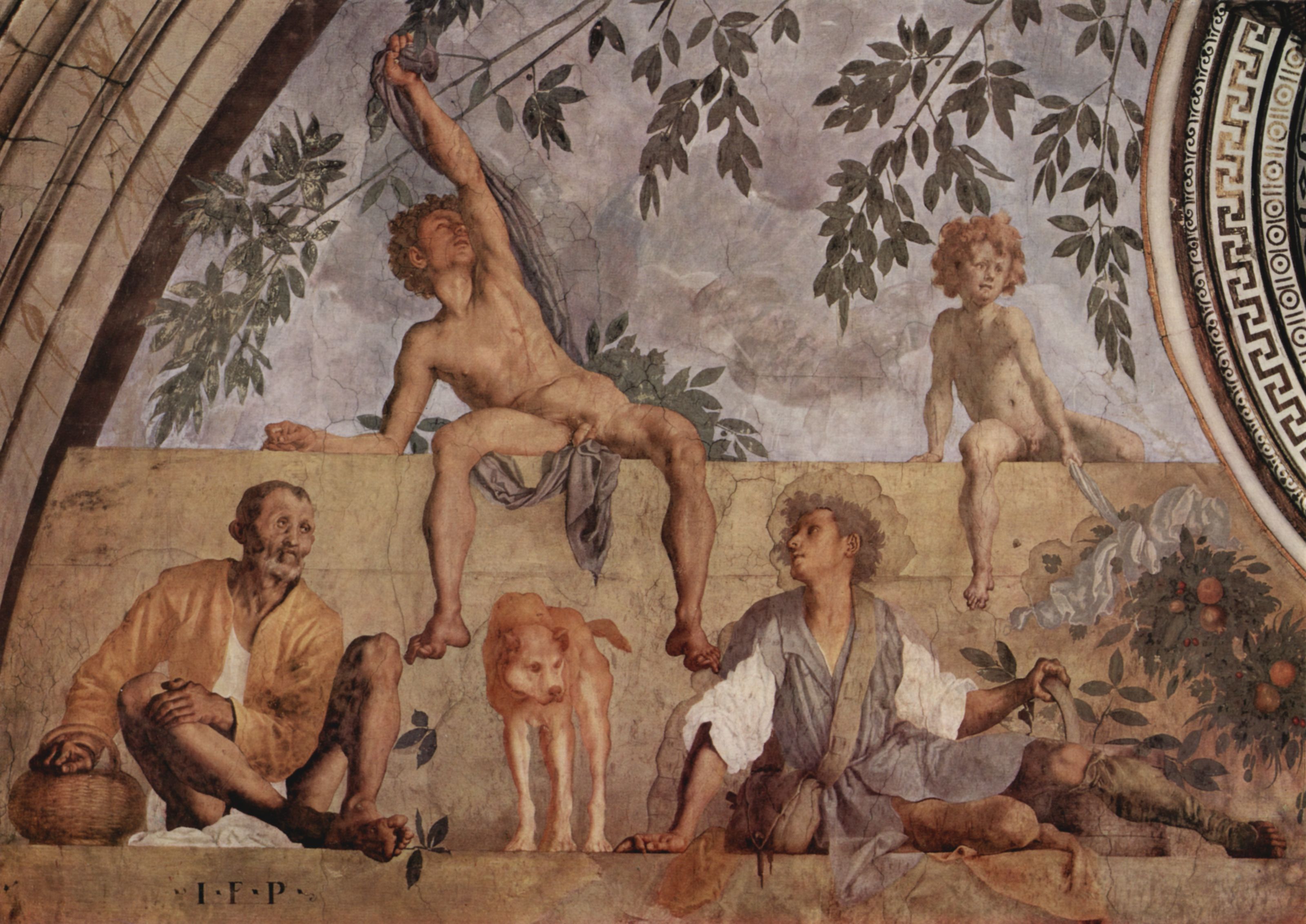 Jacopo Pontormo: Jahreszeitenfresken in der Medici-Villa in Poggio a Cajano, linker Teil der Lnette, Szene: Vertumnus und Pomona, Detail