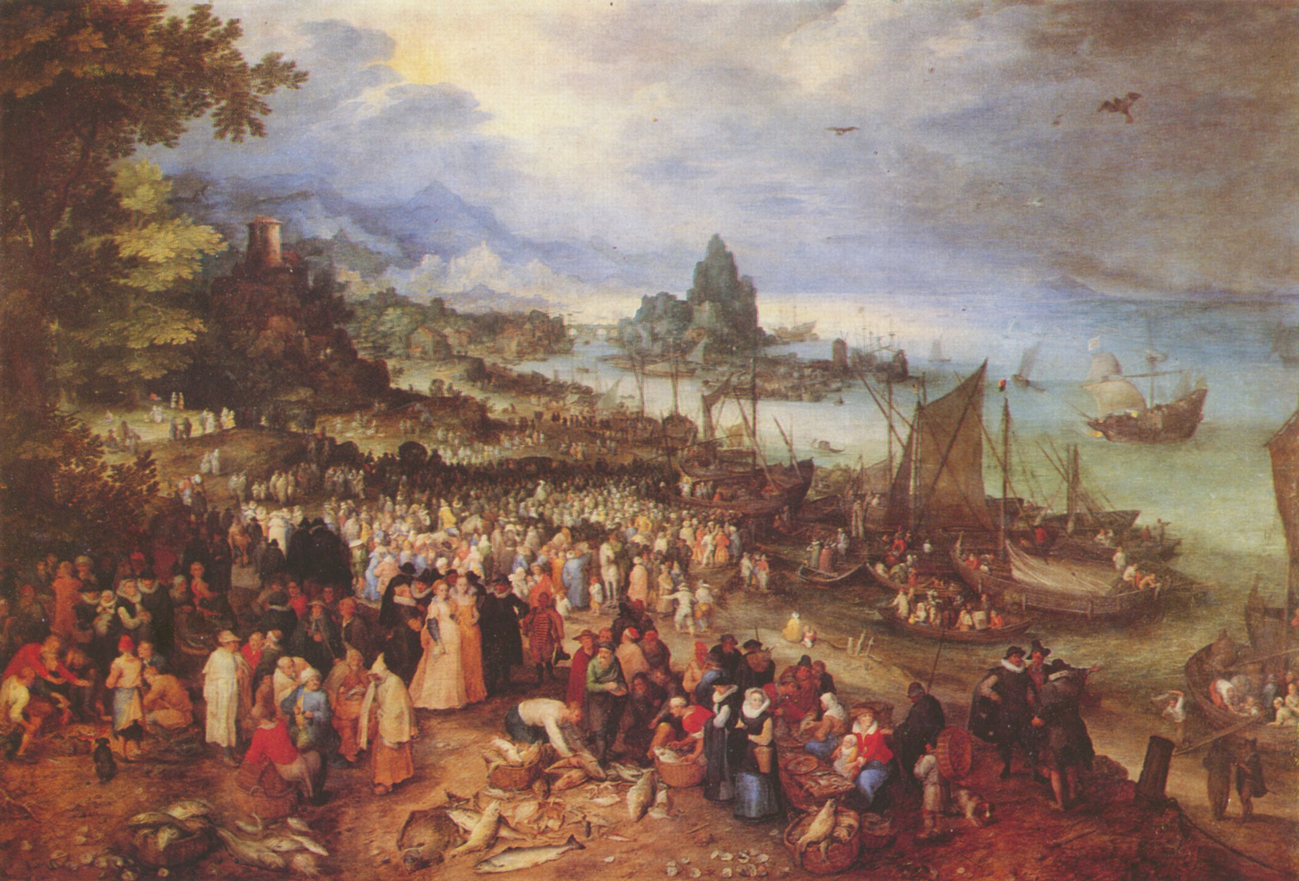 Jan Bruegel d. .: Seehafen mit der Predigt Christi