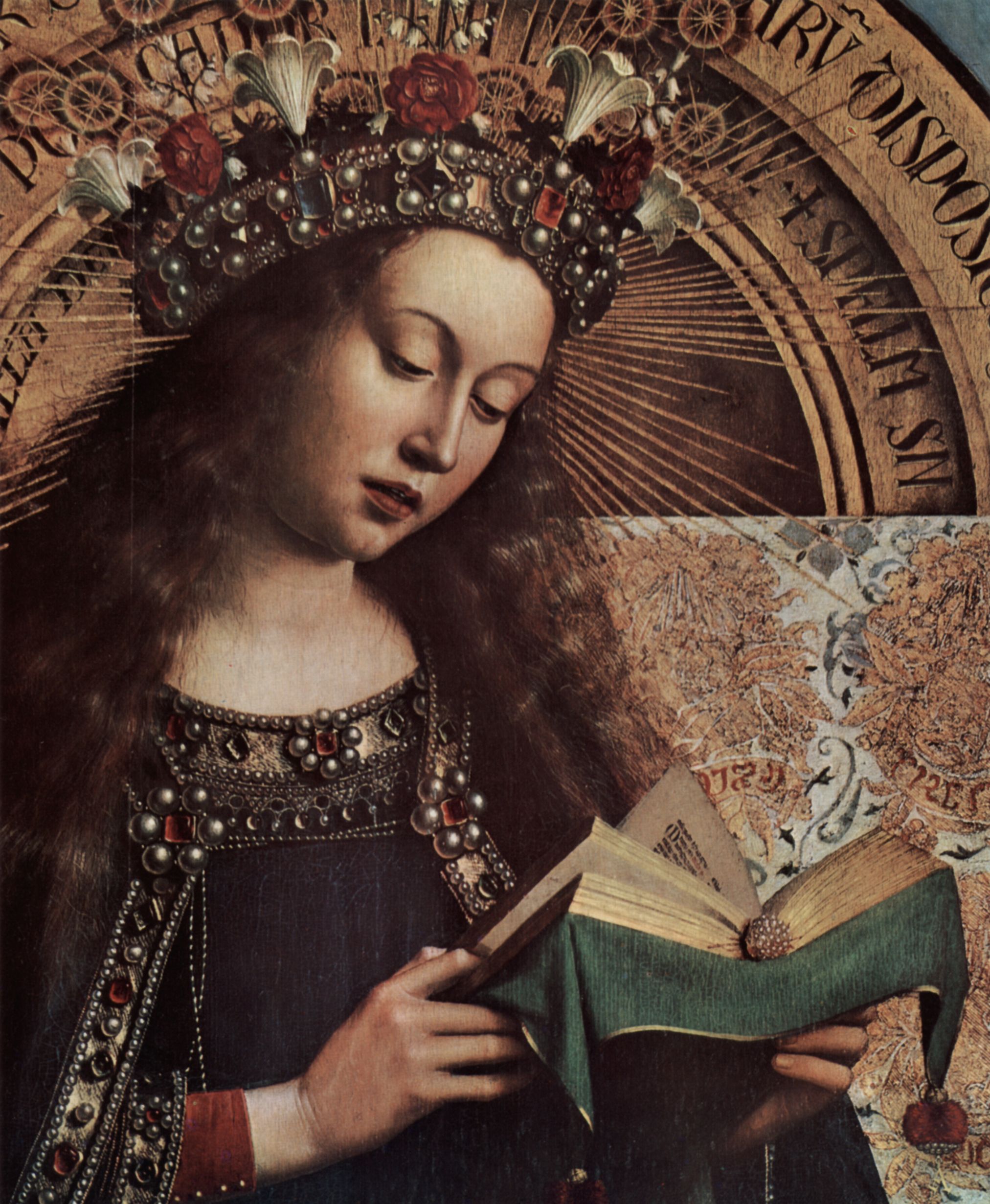 Jan van Eyck: Genter Altar, Altar des Mystischen Lammes, obere linke Haupttafel, Szene: Thronende Maria, Detail