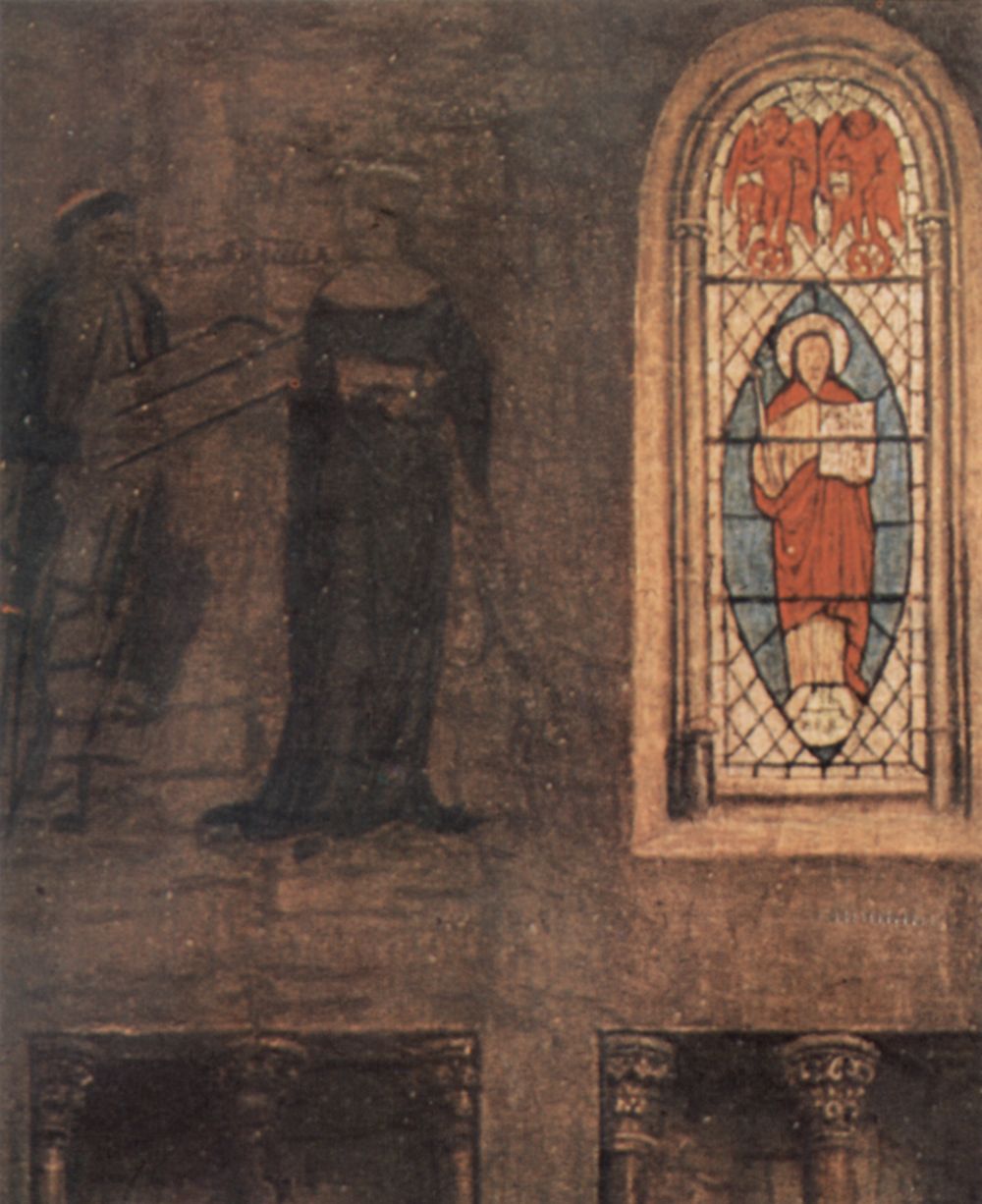 Jan van Eyck: Maria Verkndigung, Detail: Kirchenfenster und Wandfresko