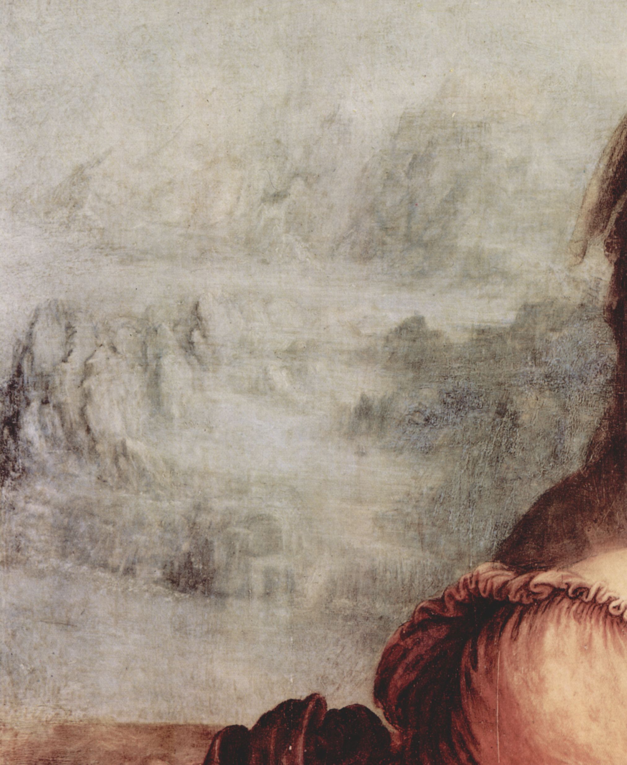 Leonardo da Vinci: Hl. Anna selbtritt, Szene: Hl. Anna, Maria, Christuskind mit Lamm, Detail: Landschaft