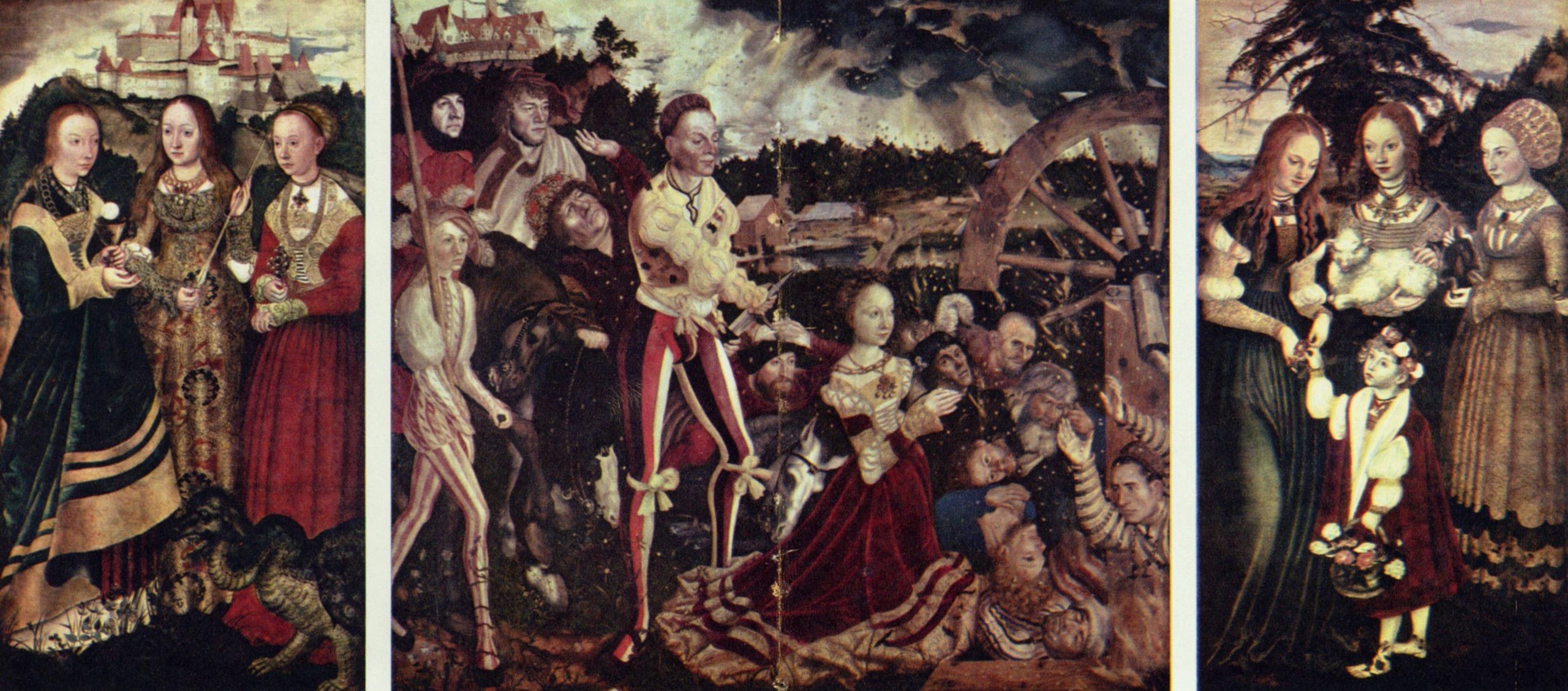 Lucas Cranach d. .: Katharinenaltar, Gesamtansicht, linker Flgel: Die Heiligen Dorothea, Agnes und Kunigunde, Mitteltafel: Martyrium der Hl. Katharina, rechter Flgel: Die Heiligen Barbara, Ursula und Margaretha