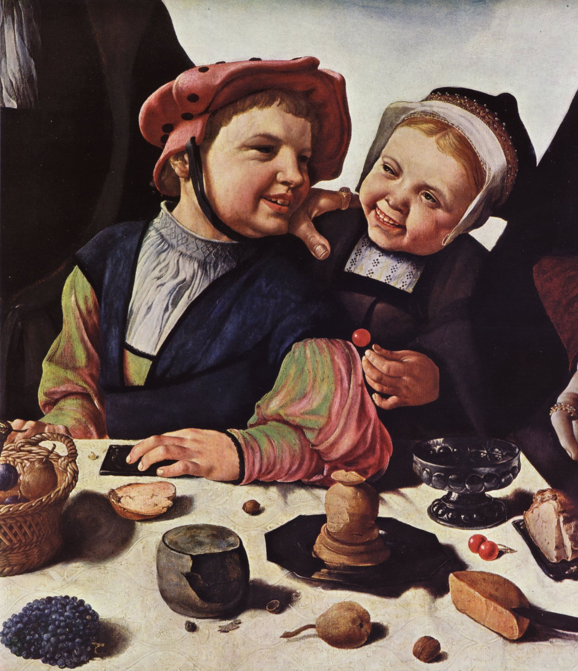 Marten van Heemskerck: Portrt einer Familie, Detail: Kichernde Kinder (Detail aus dem Familienbild)
