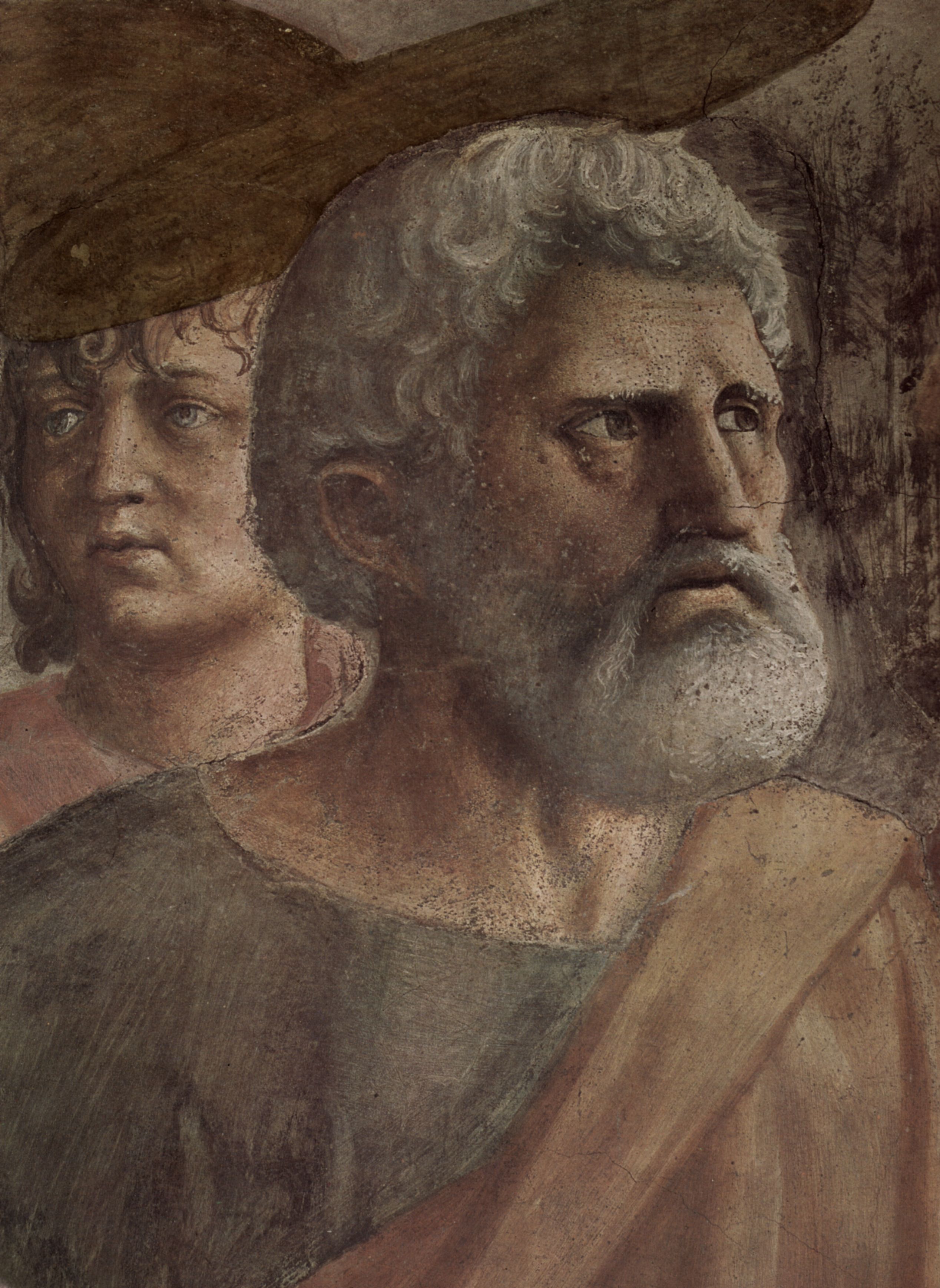 Masaccio: Freskenzyklus der Brancacci-Kapelle in Santa Maria del Carmine in Florenz, Szenen aus dem Leben Petri, Szene: Der Zinsgroschen, Detail: Kopf des Petrus