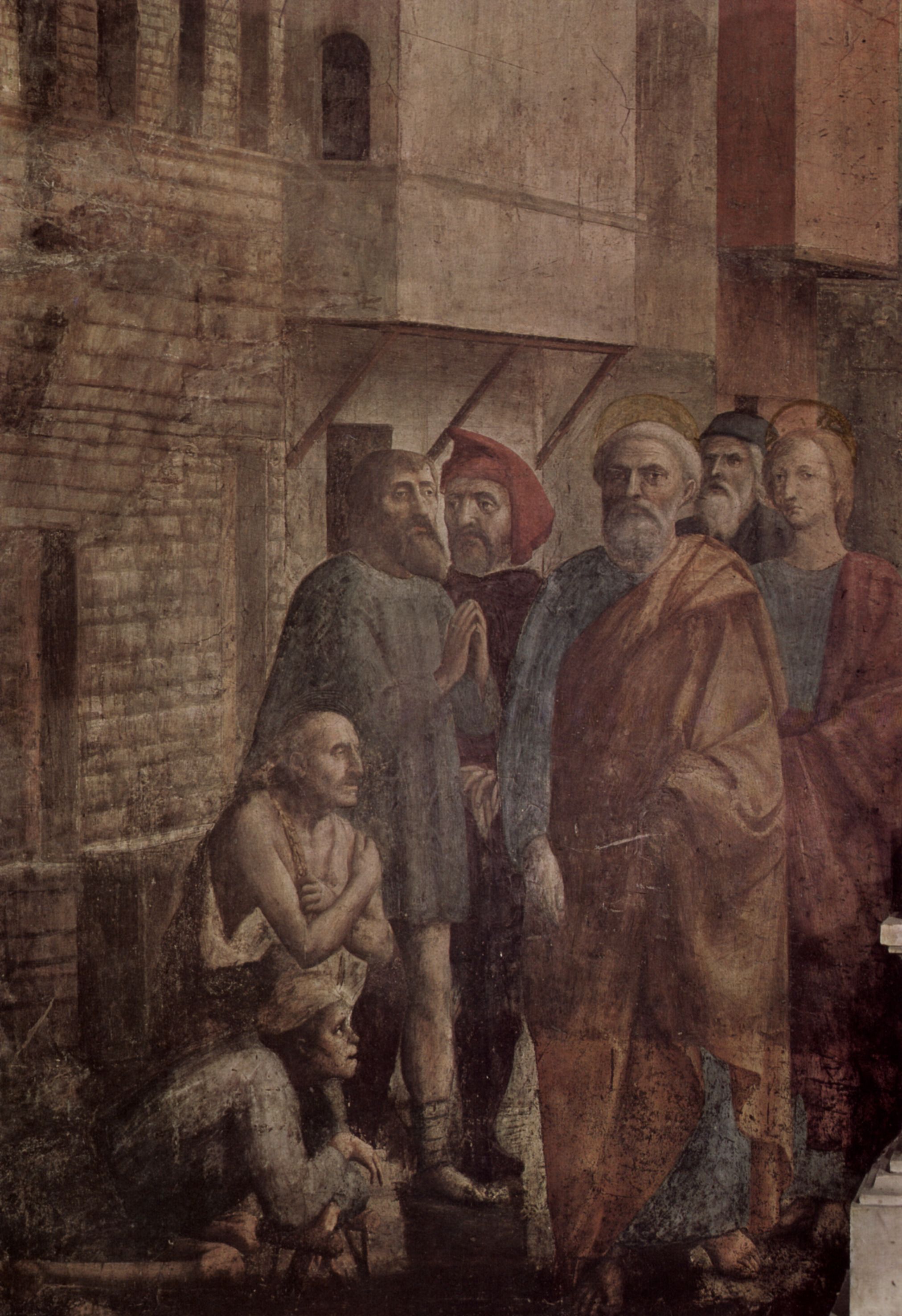 Masaccio: Freskenzyklus der Brancacci-Kapelle in Santa Maria del Carmine in Florenz, Szenen aus dem Leben Petri, Szene: Schattenheilung des Petrus