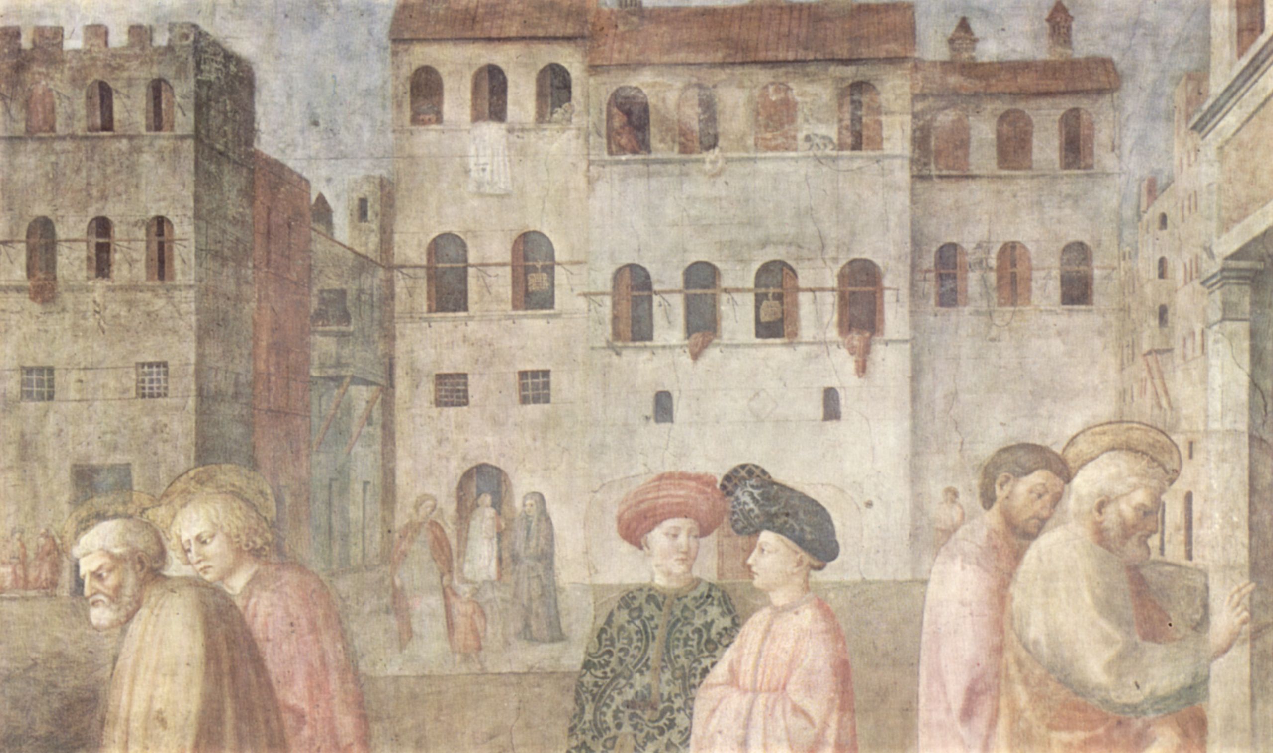 Masaccio: Freskenzyklus der Brancacci-Kapelle in Santa Maria del Carmine in Florenz, Szenen aus dem Leben Petri, Szene von Masolino: Die Heilung eines Lahmen und Auferstehung der Tabitha, Detail von Masaccio: A