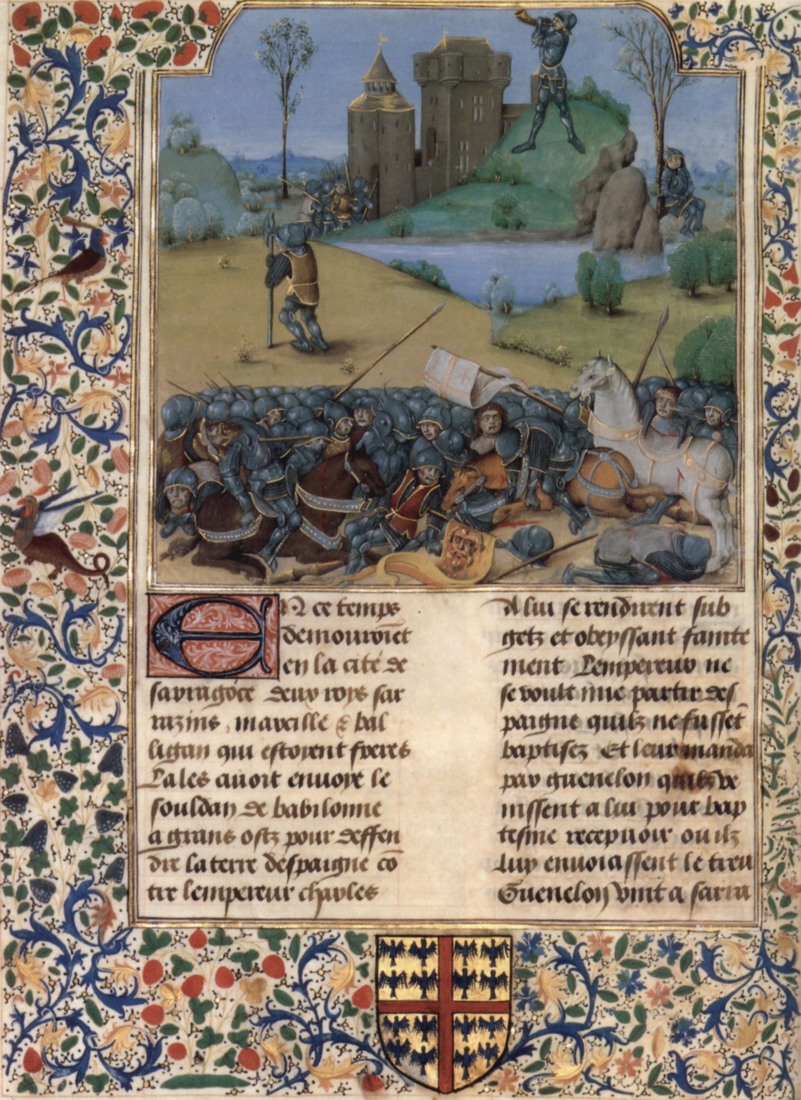 Meister der Fleur des Histoires: La Fleur des Histoires des Jean de Mansel, Szene: Die Schlacht von Roncesvalles, Roland stt ins Horn
