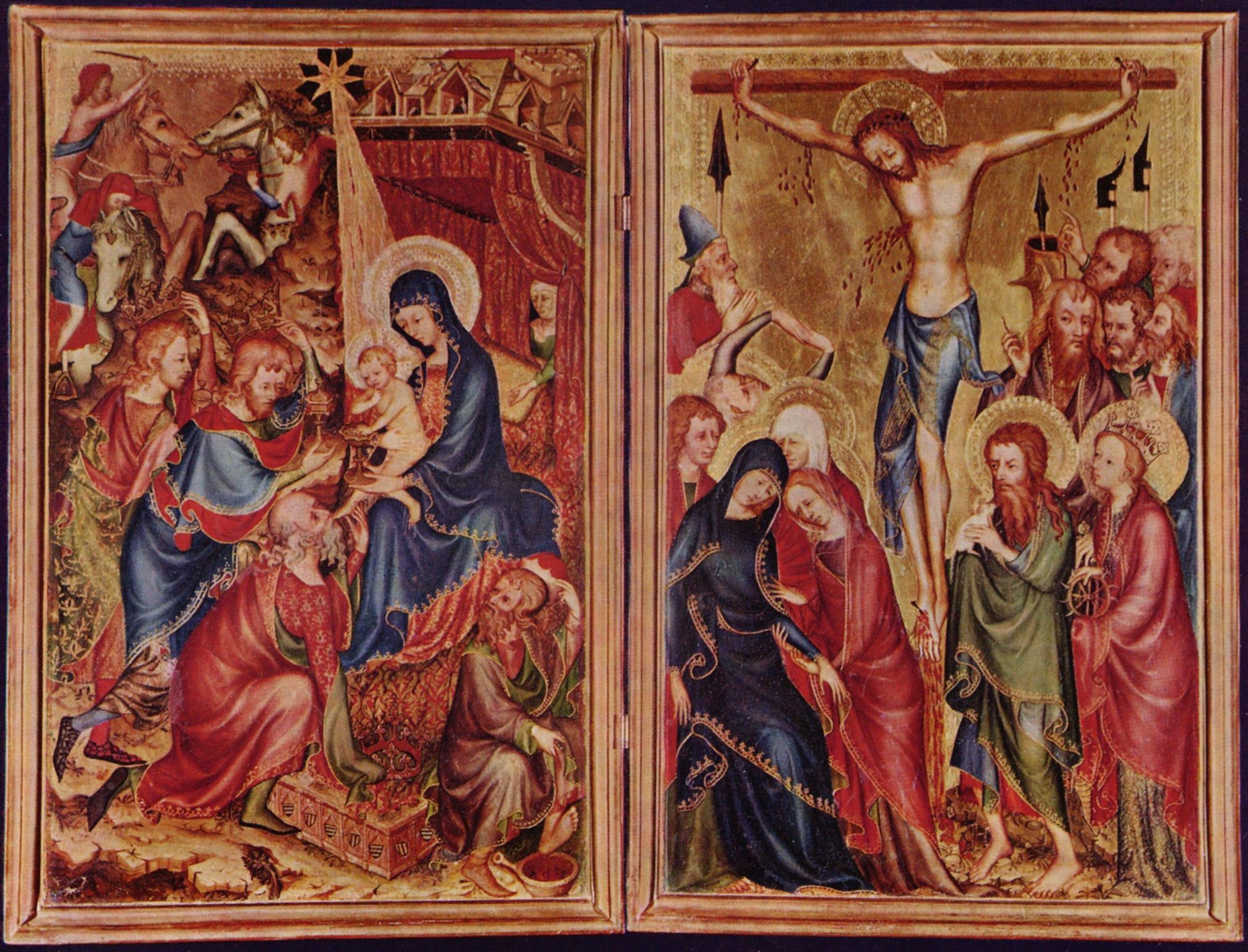Meister des Kleinen Diptychons des Bargello: Bargello-Diptychon, linke Szene: Anbetung der Knige, rechte Szene: Kreuzigung Christi