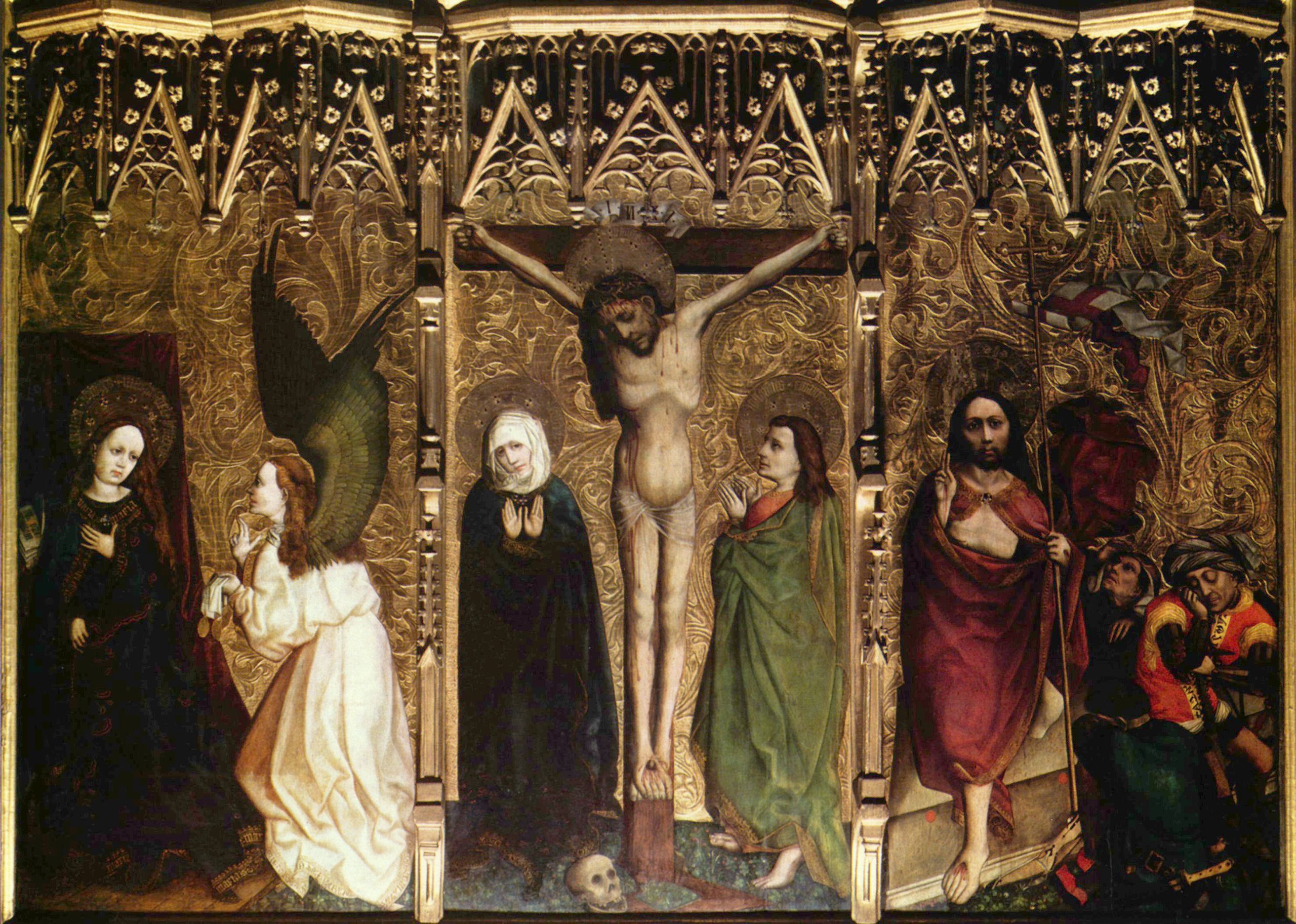 Meister des Tucher-Altars: Tucher-Altar, Mitteltafel, Szenen: Die Verkündigung an Maria sowie Kreuzigung und Auferstehung Christi