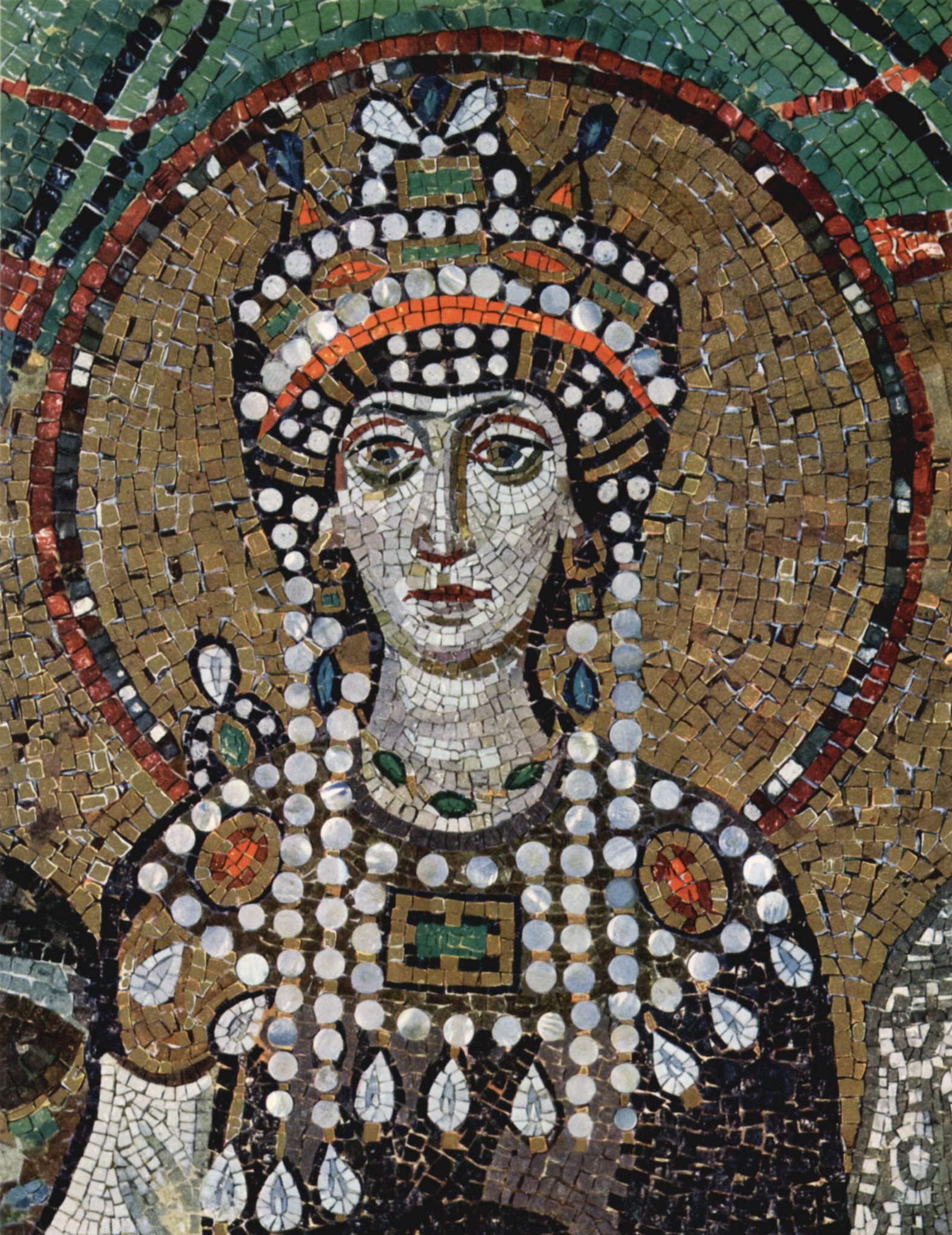 Meister von San Vitale in Ravenna: Chormosaiken in San Vitale in Ravenna, Szene: Kaiserin Theodora und ihr Hof, Detail: Bste der Theodora