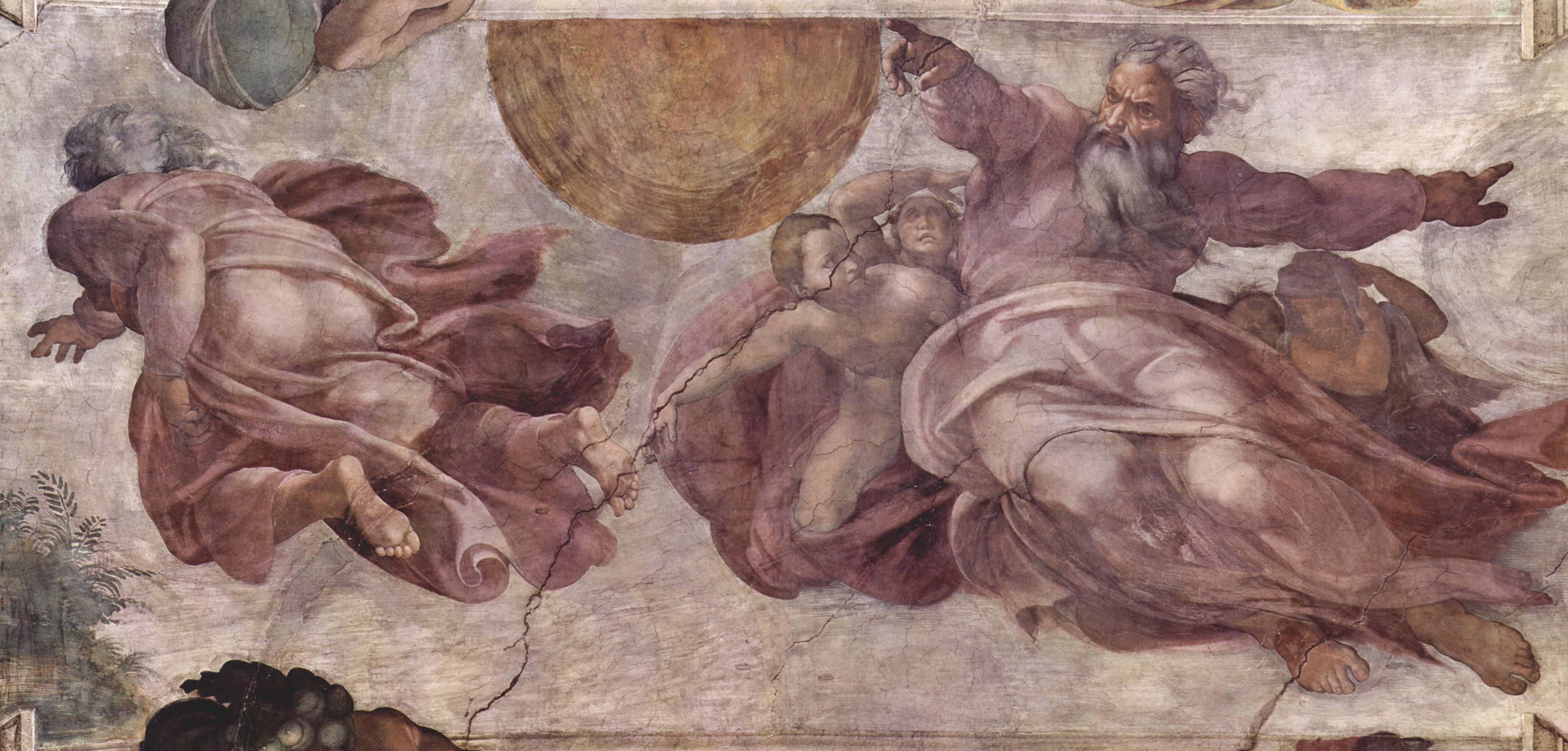 Michelangelo Buonarroti: Deckenfresko zur Schpfungsgeschichte in der Sixtinischen Kapelle, Hauptszene: Der Schpfergott scheidet Licht und Finsternis (Sonne und Mond)