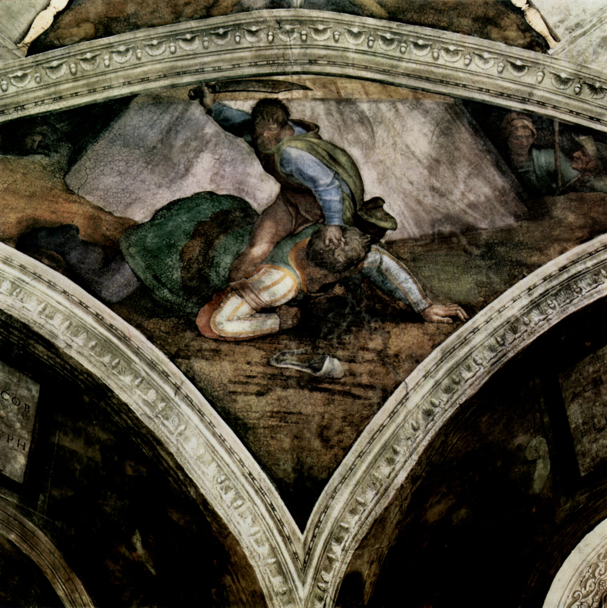 Michelangelo Buonarroti: Deckenfresko zur Schpfungsgeschichte in der Sixtinischen Kapelle, Szene in Lnette: David und Goliath