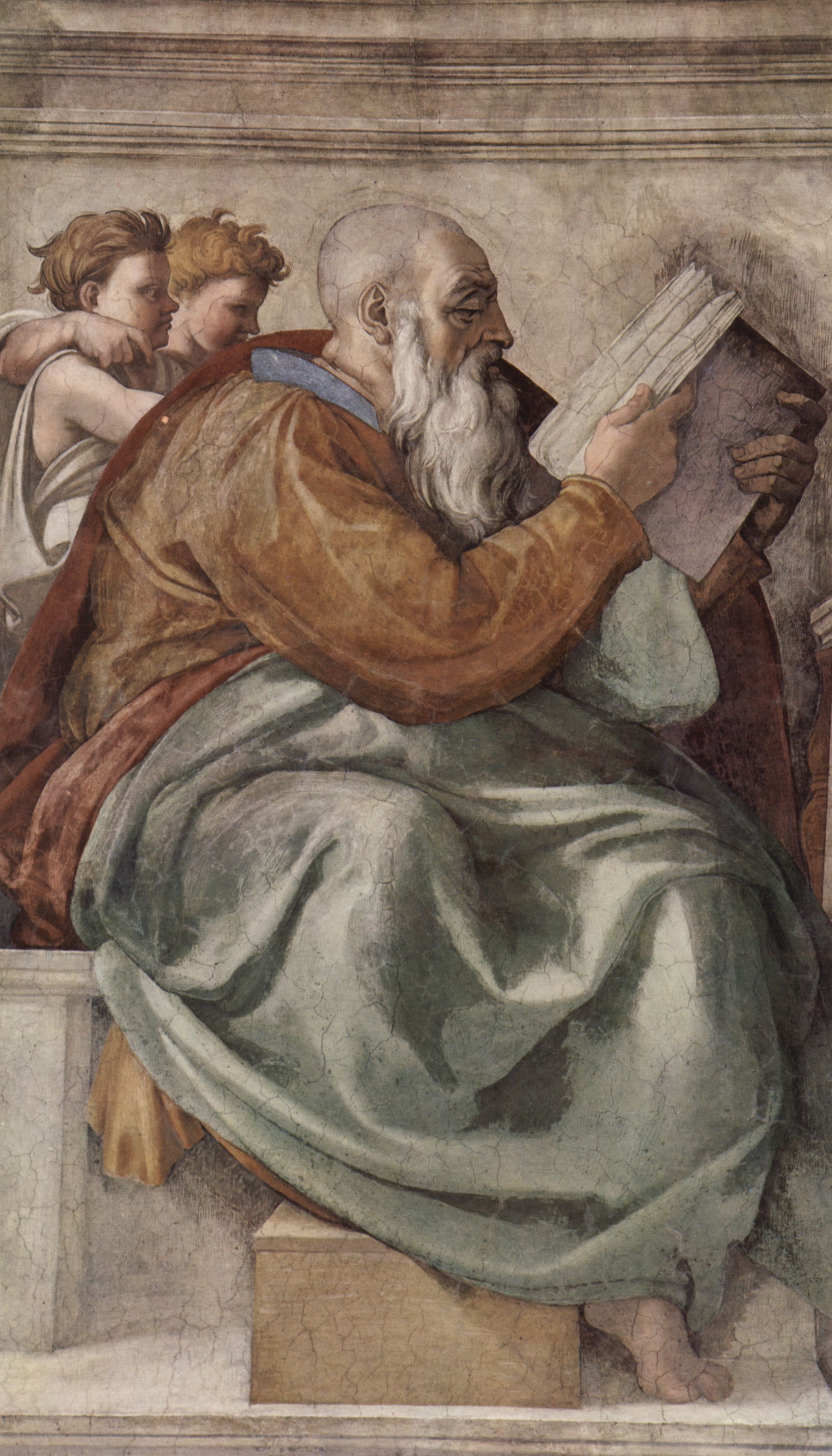 Michelangelo Buonarroti: Deckenfresko zur Schpfungsgeschichte in der Sixtinischen Kapelle, Szene in Lnette: Der Prophet Zacharias, Detail