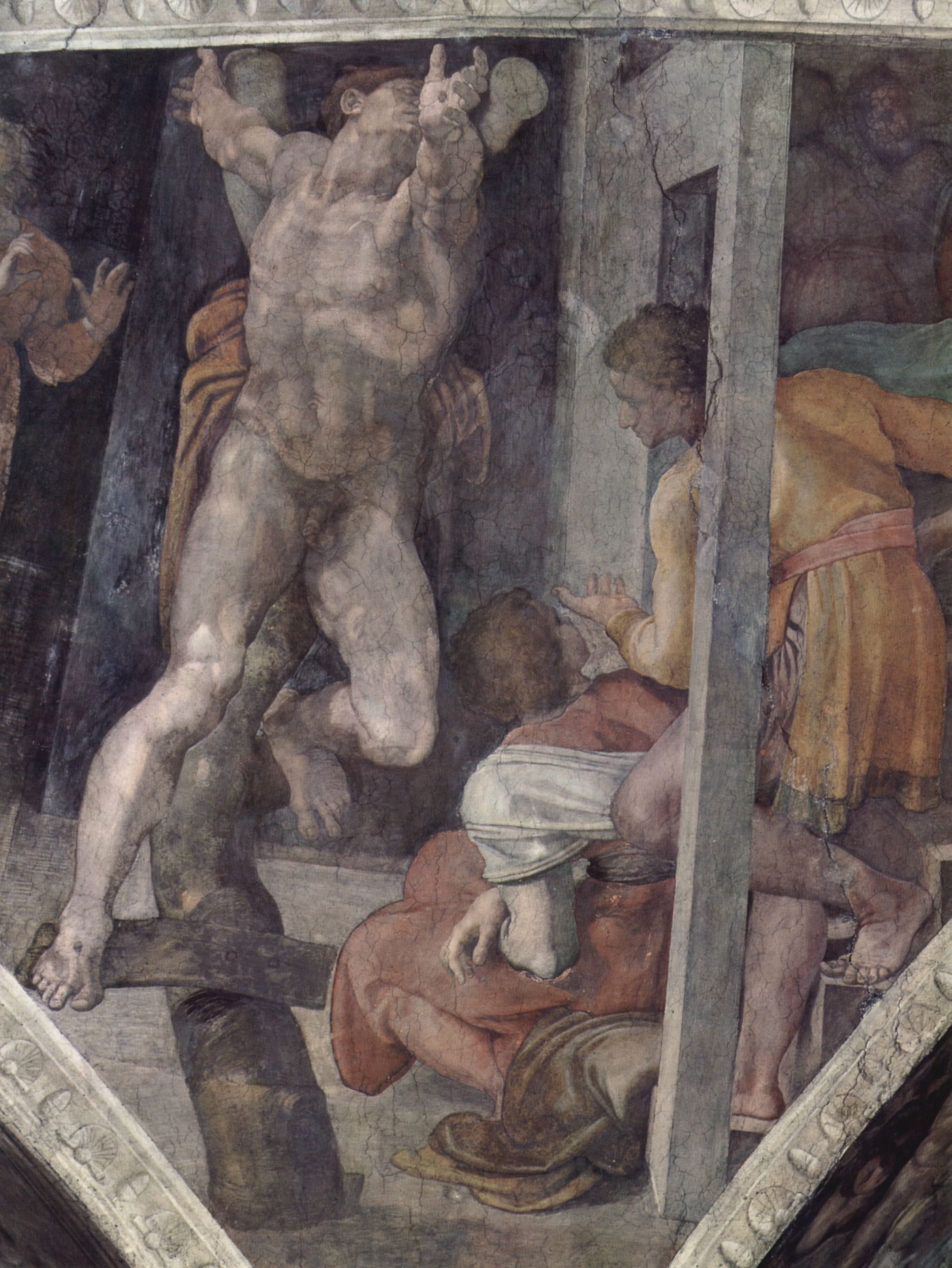 Michelangelo Buonarroti: Deckenfresko zur Schpfungsgeschichte in der Sixtinischen Kapelle, Szene in Lnette: Kreuzigung des Hamam, Detail