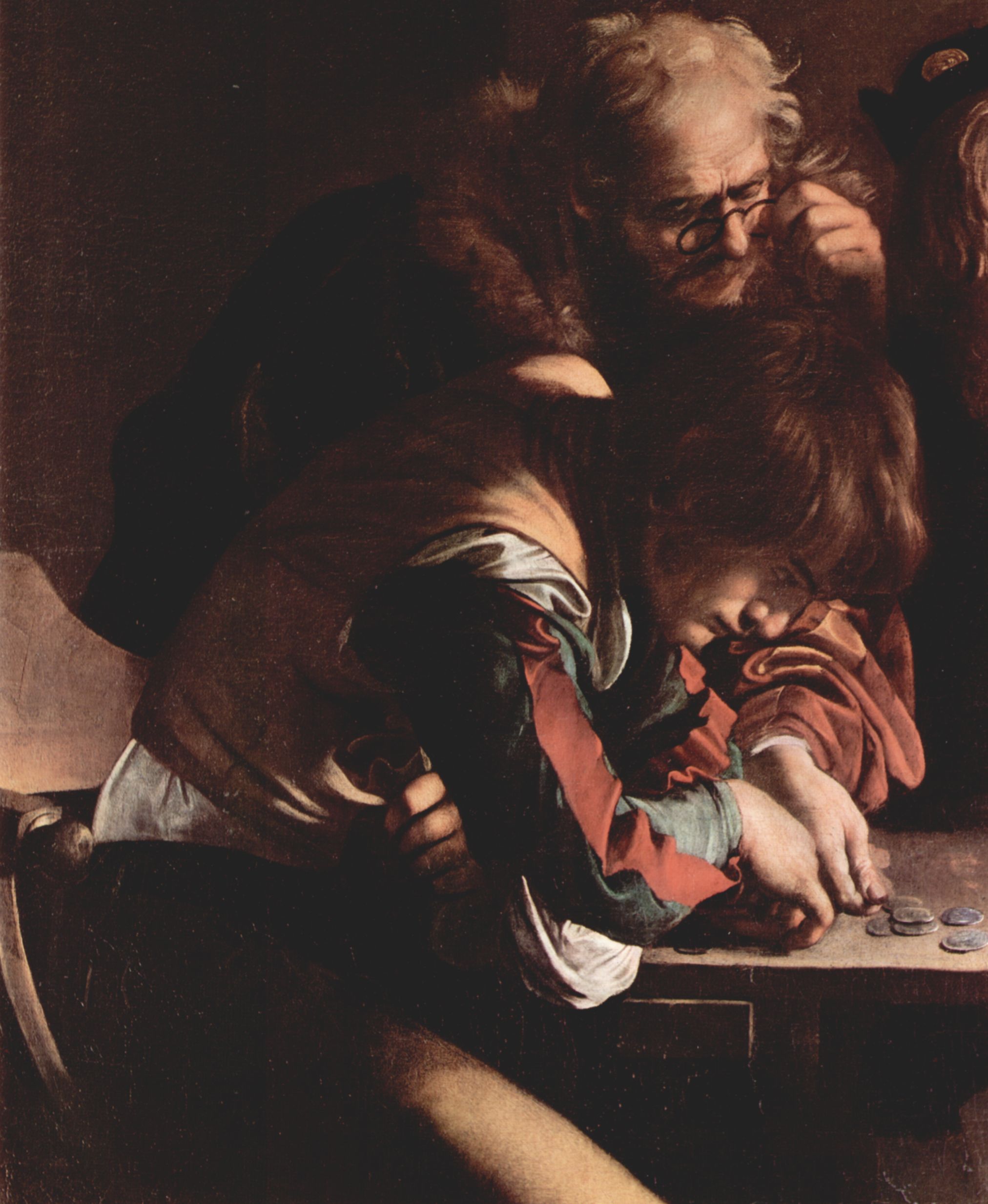 Michelangelo Caravaggio: Gemlde der Contarelli-Kapelle in San Luigi di Francesi in Rom, Szene: Berufung des Hl. Matthus, Detail