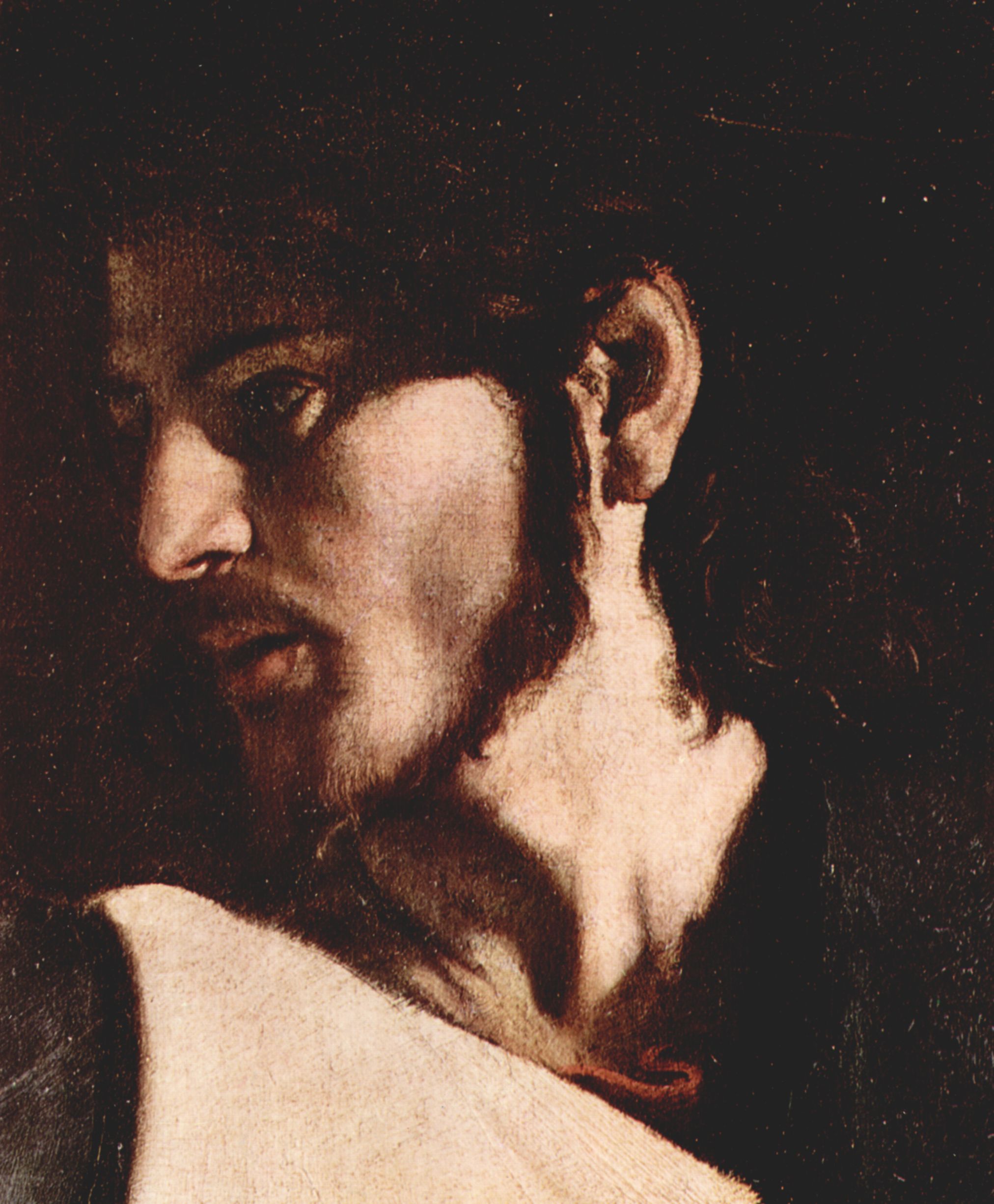 Michelangelo Caravaggio: Gemlde der Contarelli-Kapelle in San Luigi di Francesi in Rom, Szene: Berufung des Hl. Matthus, Detail: Jesus