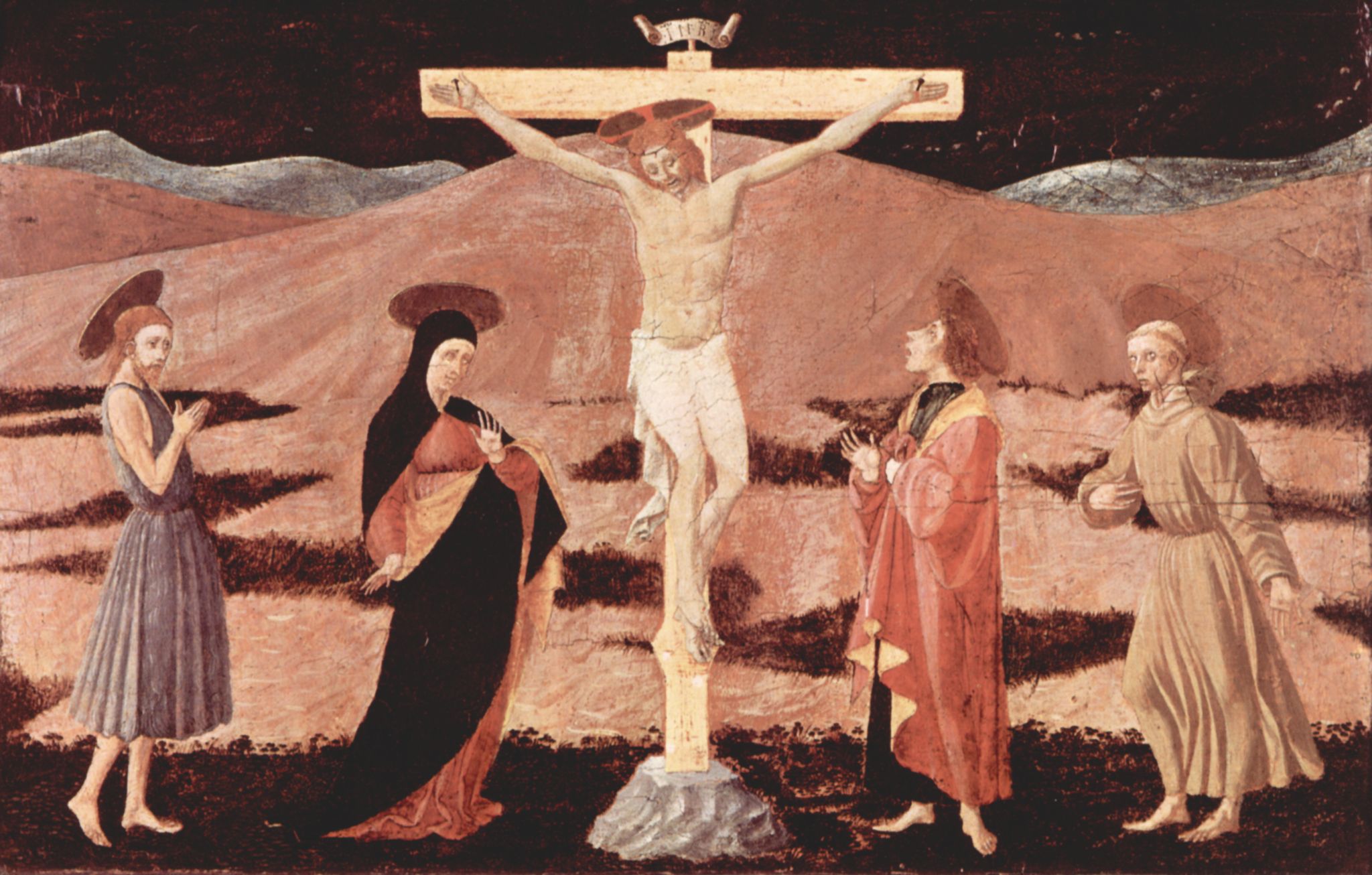 Paolo Uccello: Christus am Kreuz, Maria, Hl. Johannes der Tufer, Hl. Johannes Evangelist und Hl. Franziskus