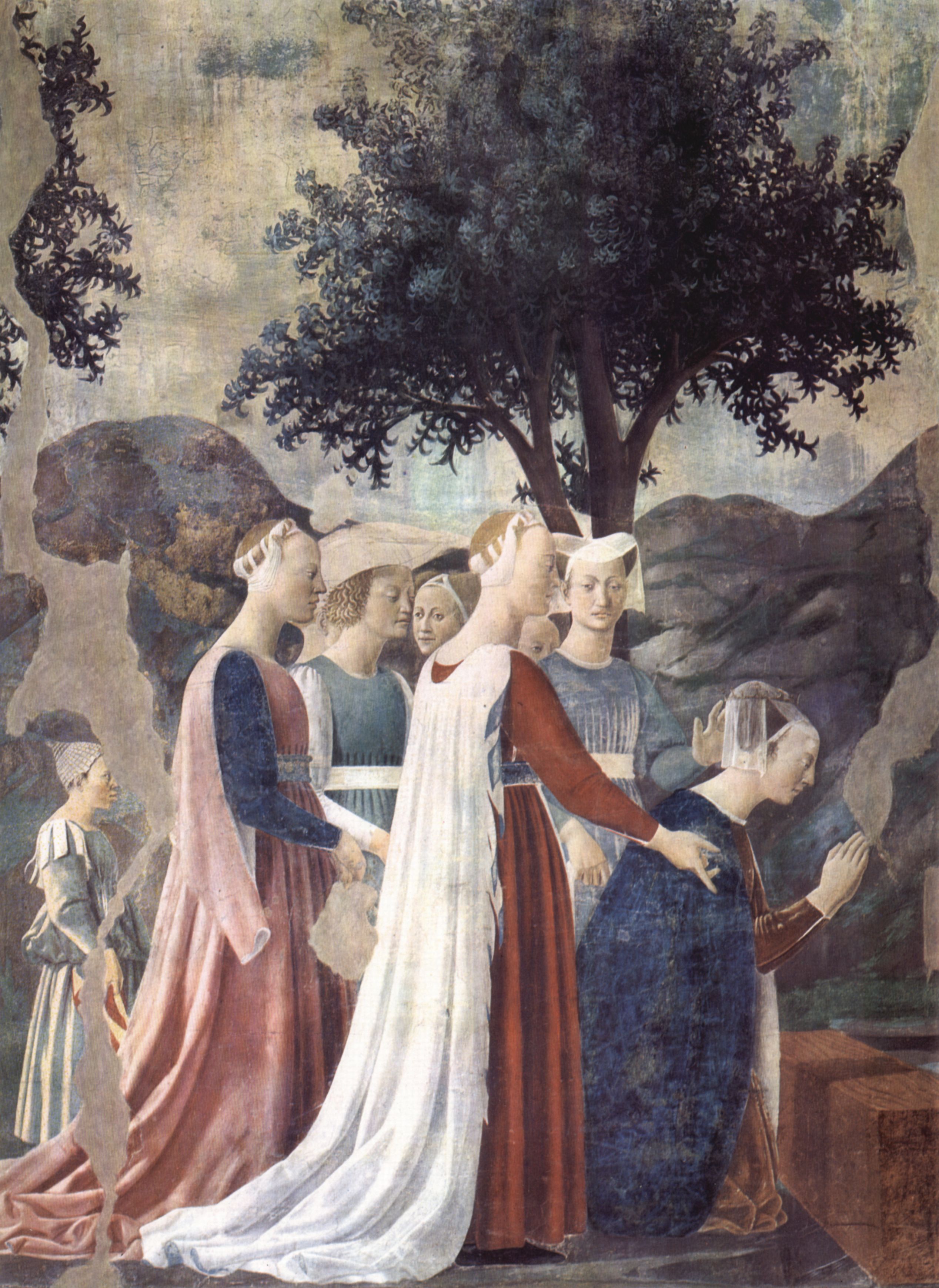 Piero della Francesca: Freskenzyklus der Legende vom Heiligen Kreuz im Chor von San Francesco in Arezzo, Szene: Besuch der Knigin von Saba bei Salomo, Detail: Anbetung des Kreuzesholzes durch die Knigin