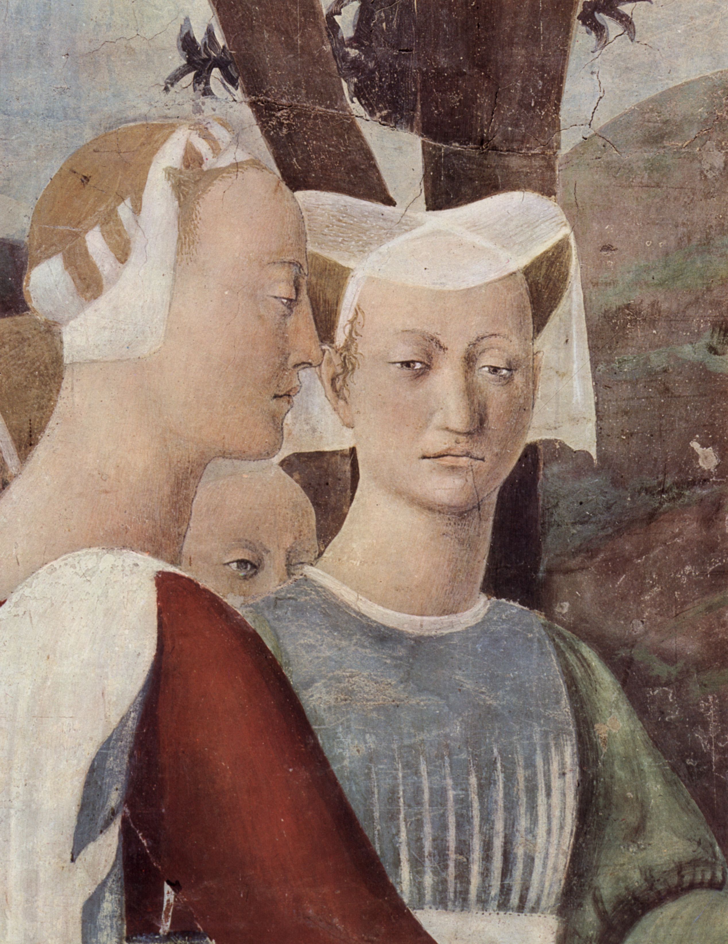 Piero della Francesca: Freskenzyklus der Legende vom Heiligen Kreuz im Chor von San Francesco in Arezzo, Szene: Besuch der Knigin von Saba bei Salomo, Detail: Damen aus dem Gefolge der Knigin