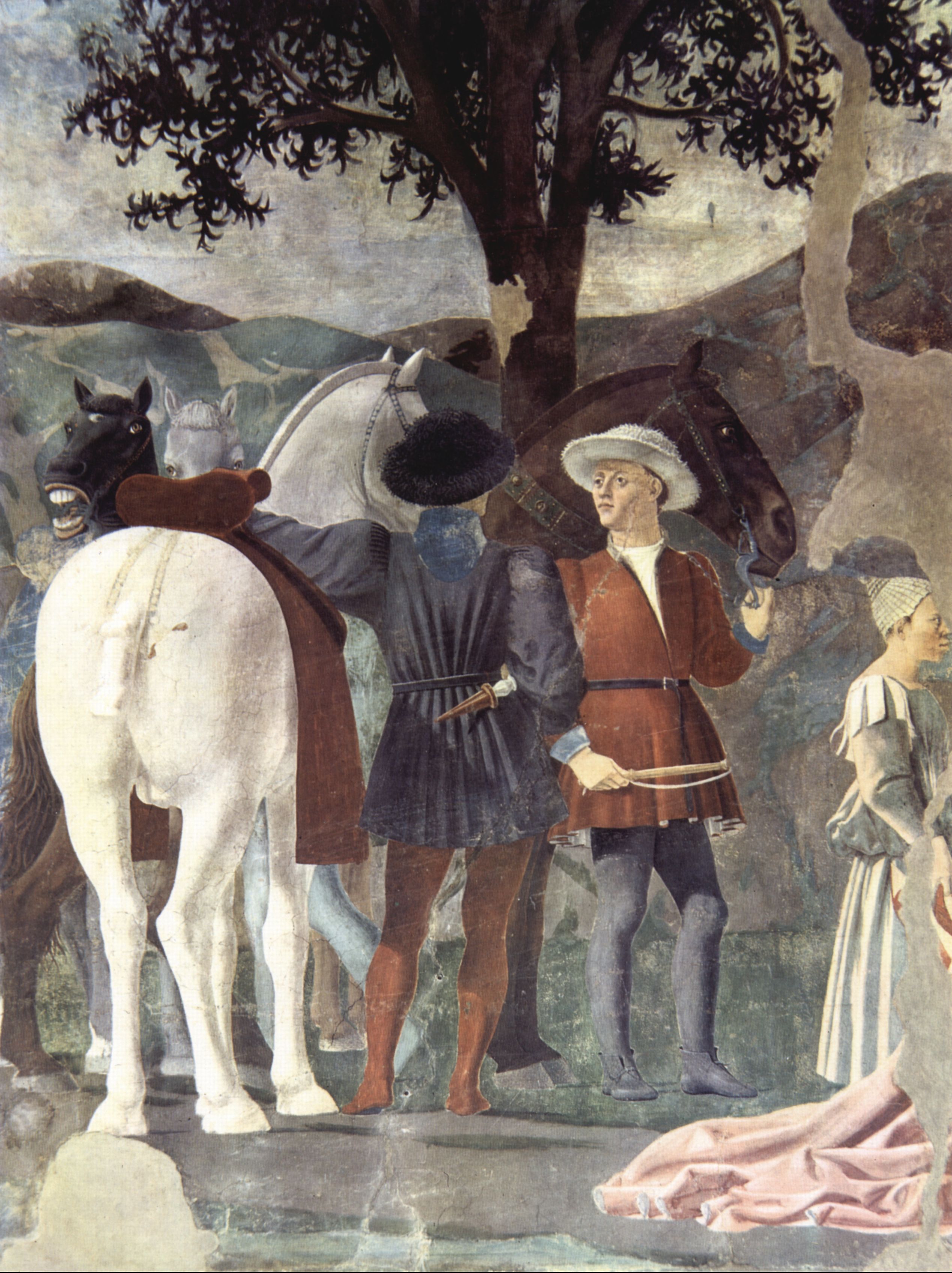 Piero della Francesca: Freskenzyklus der Legende vom Heiligen Kreuz im Chor von San Francesco in Arezzo, Szene: Besuch der Knigin von Saba bei Salomo, Detail: Gefolge der Knigin