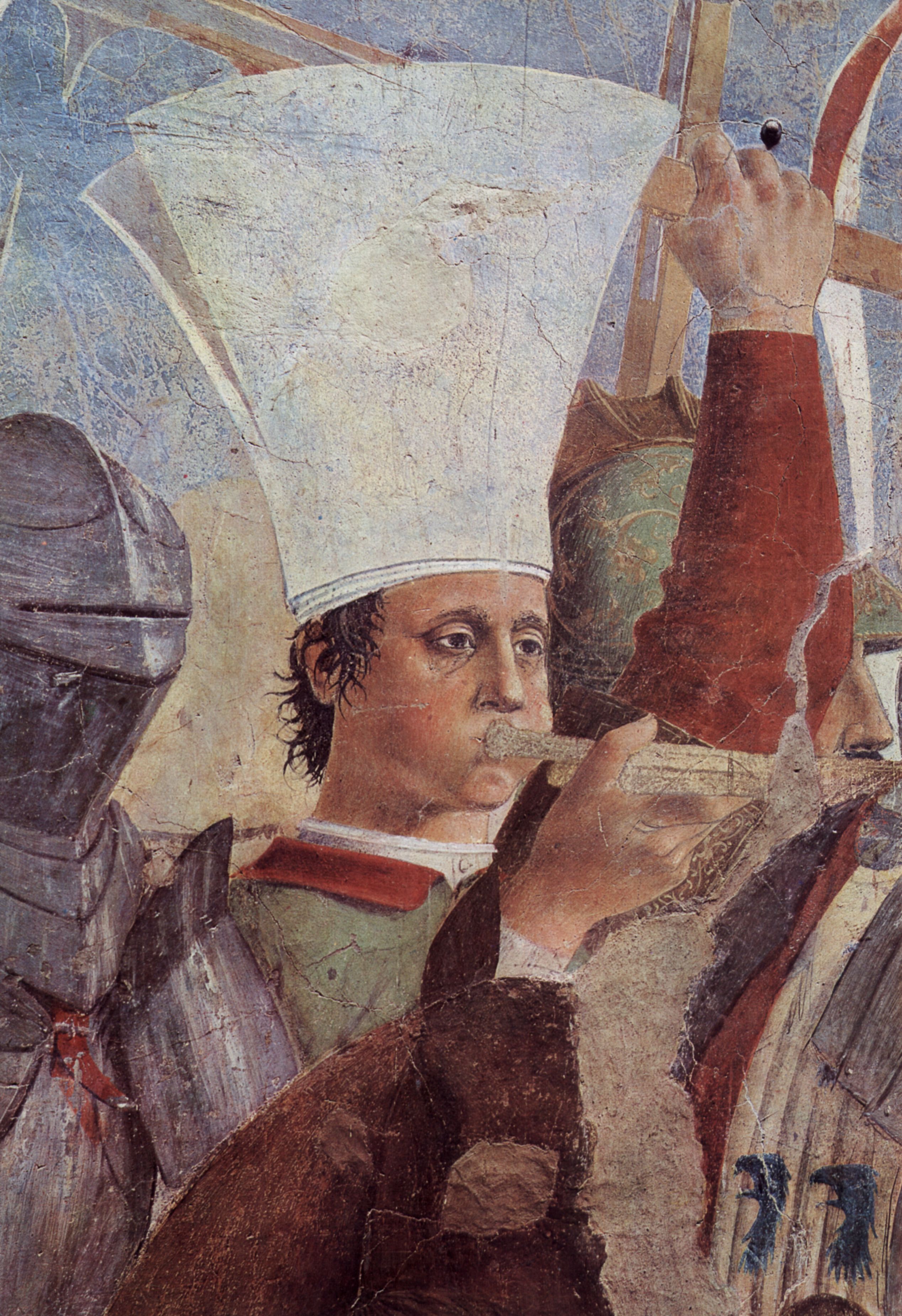 Piero della Francesca: Freskenzyklus der Legende vom Heiligen Kreuz im Chor von San Francesco in Arezzo, Szene: Niederlages des Perserknigs Chosroes gegen Heraklius bei Schlacht um Rckfhrung des Heiligen Kreuzes nach J