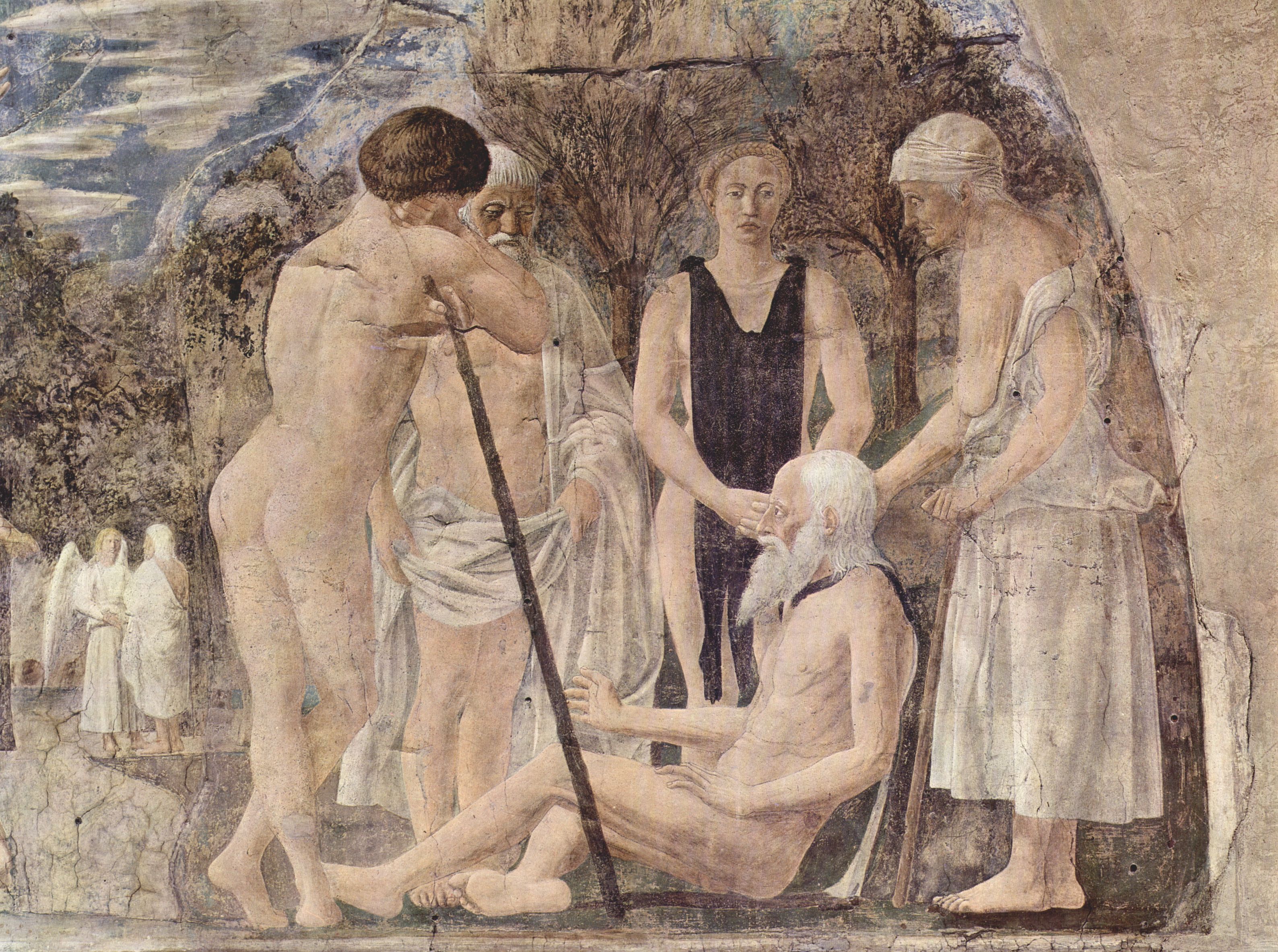 Piero della Francesca: Freskenzyklus der Legende vom Heiligen Kreuz im Chor von San Francesco in Arezzo, Szene: Tod und Bestattung Adams, Detail: Tod Adams