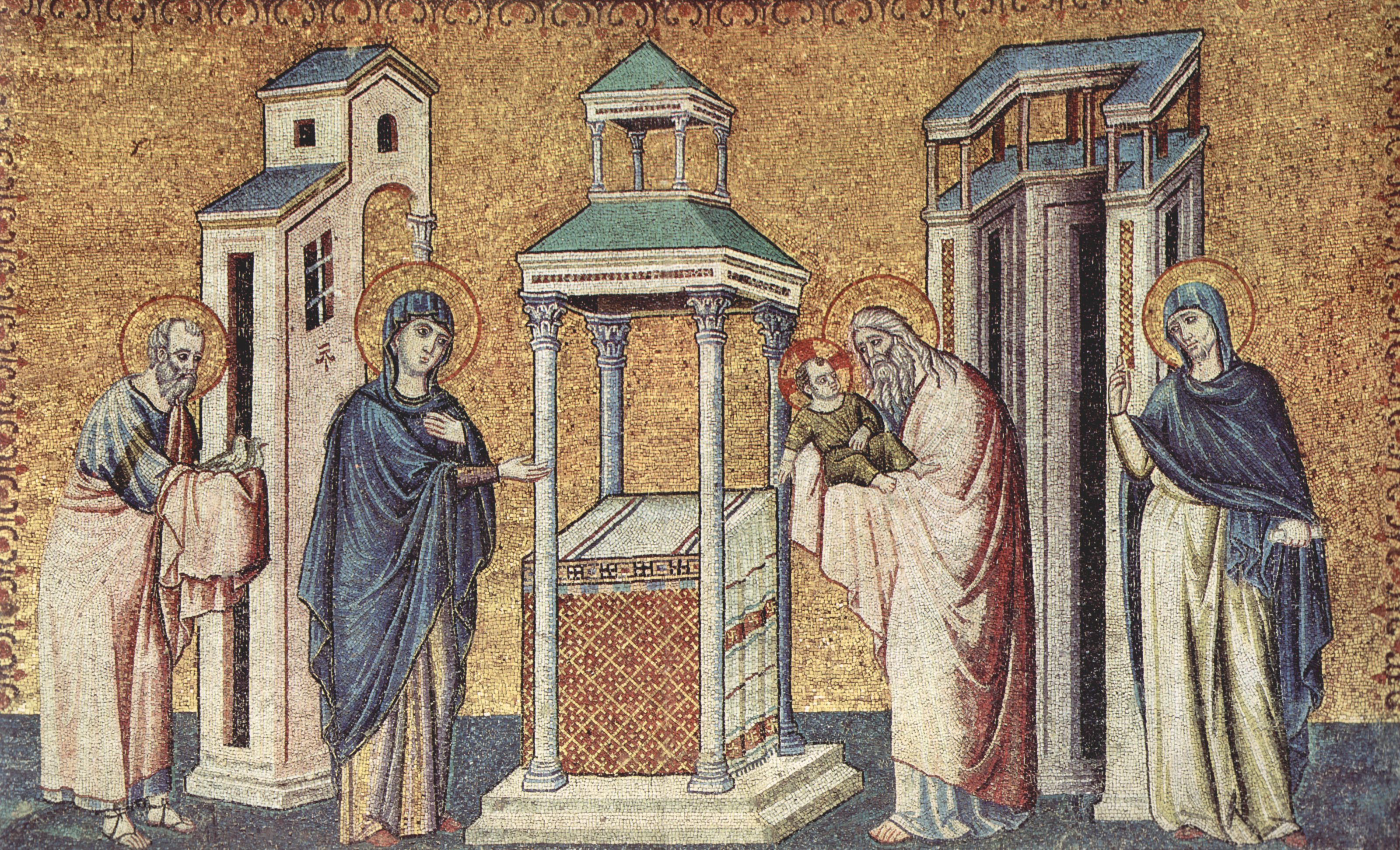 Pietro Cavallini: Mosaiken mit Zyklus von 6 Szenen zum Marienleben in der Absis von Santa Maria Trasteverde in Rom, Szene: Prsentation des Jesusknaben im Tempel