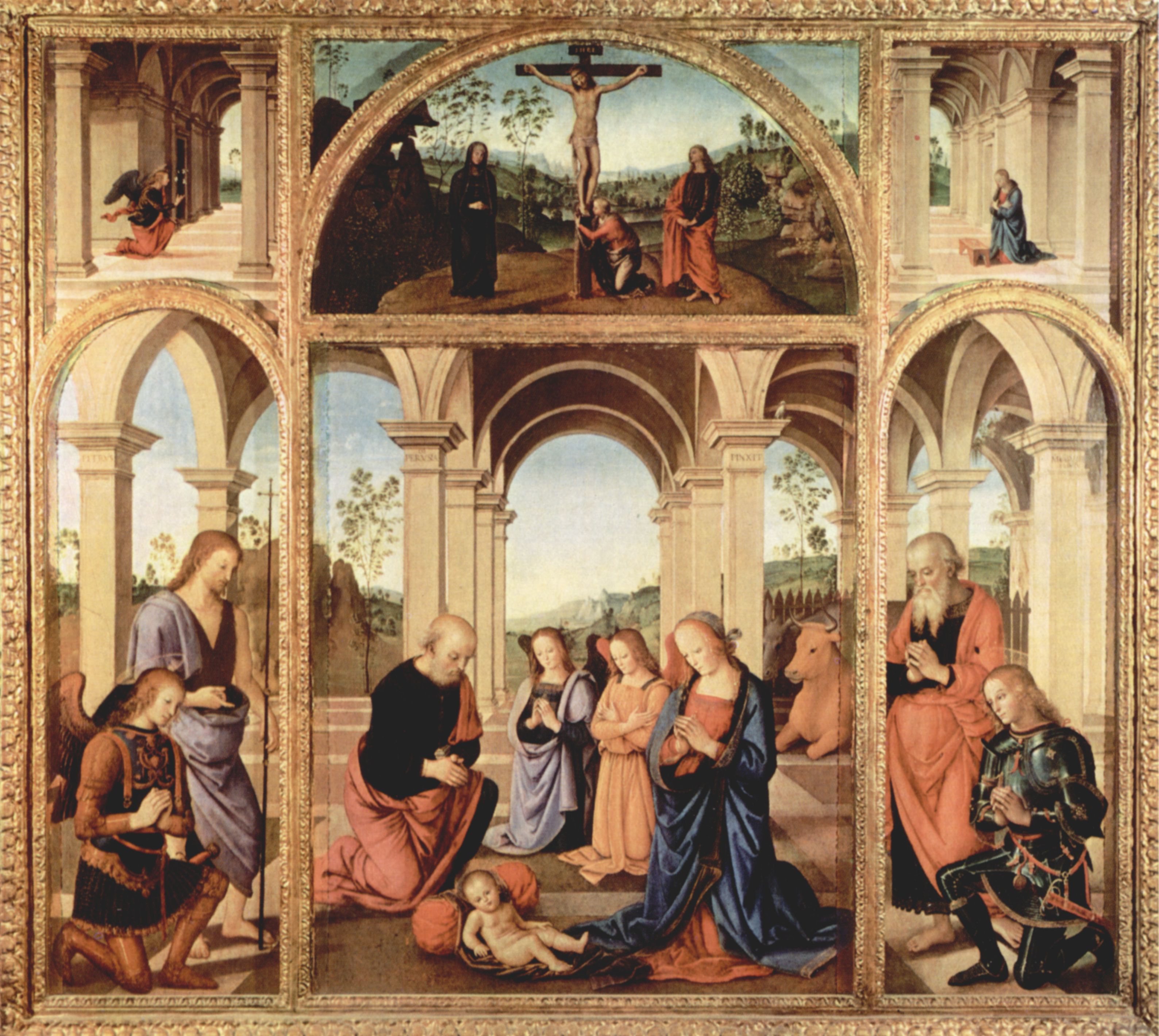 Pietro Perugino: Altarpolyptychon, Haupttafel: Christi Geburt, Lnette der Haupttafel: Kreuzigung, linker Flgel: Hl. Johannes d. Tufer und Erzengel Michael, Verkndigungsengel, rechter Flgel: Hl. Hieronymus und Hl.