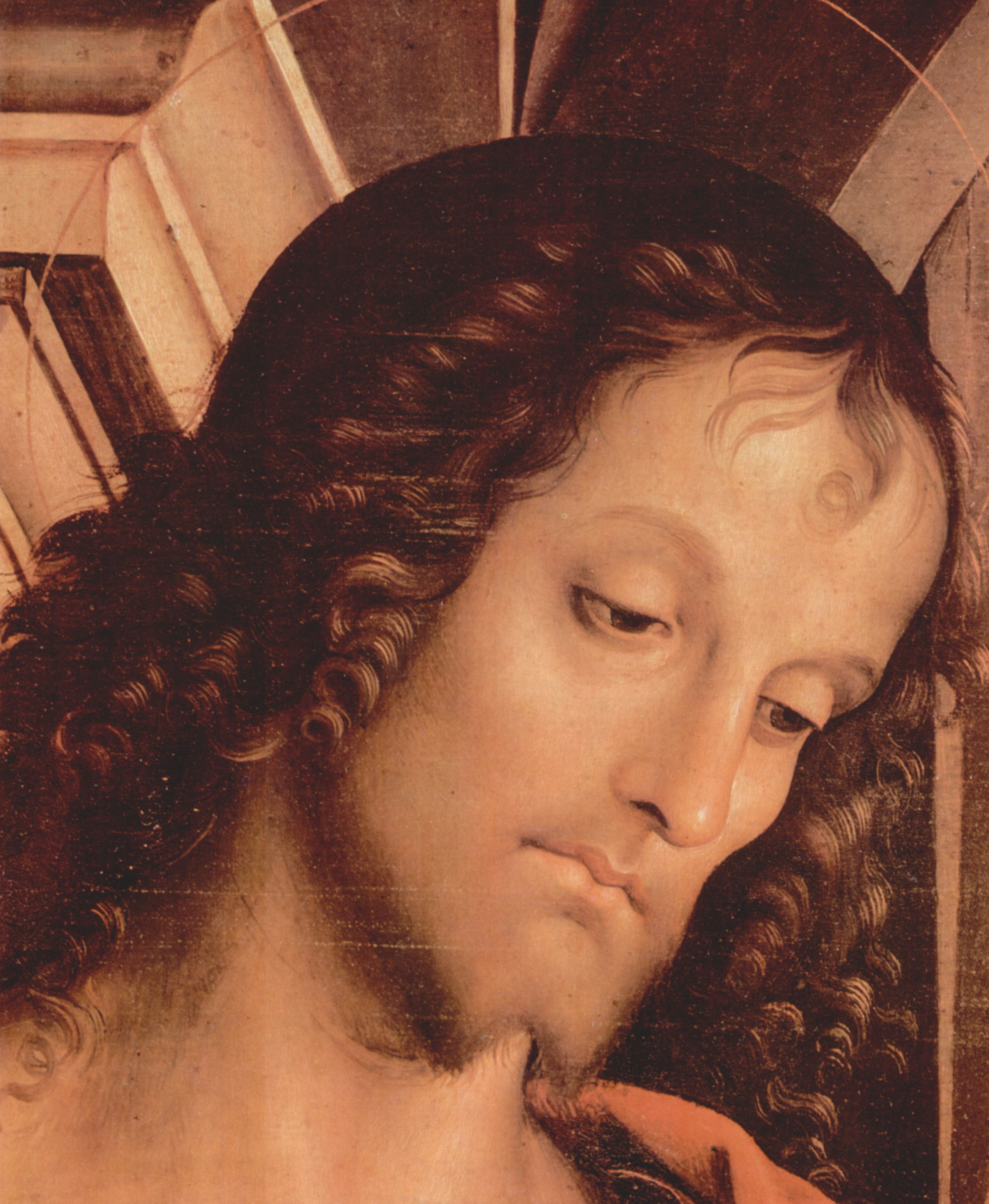Pietro Perugino: Thronende Madonna mit Hl. Johannes dem Tufer und Hl. Sebastian, Detail: Hl. Johannes der Tufer