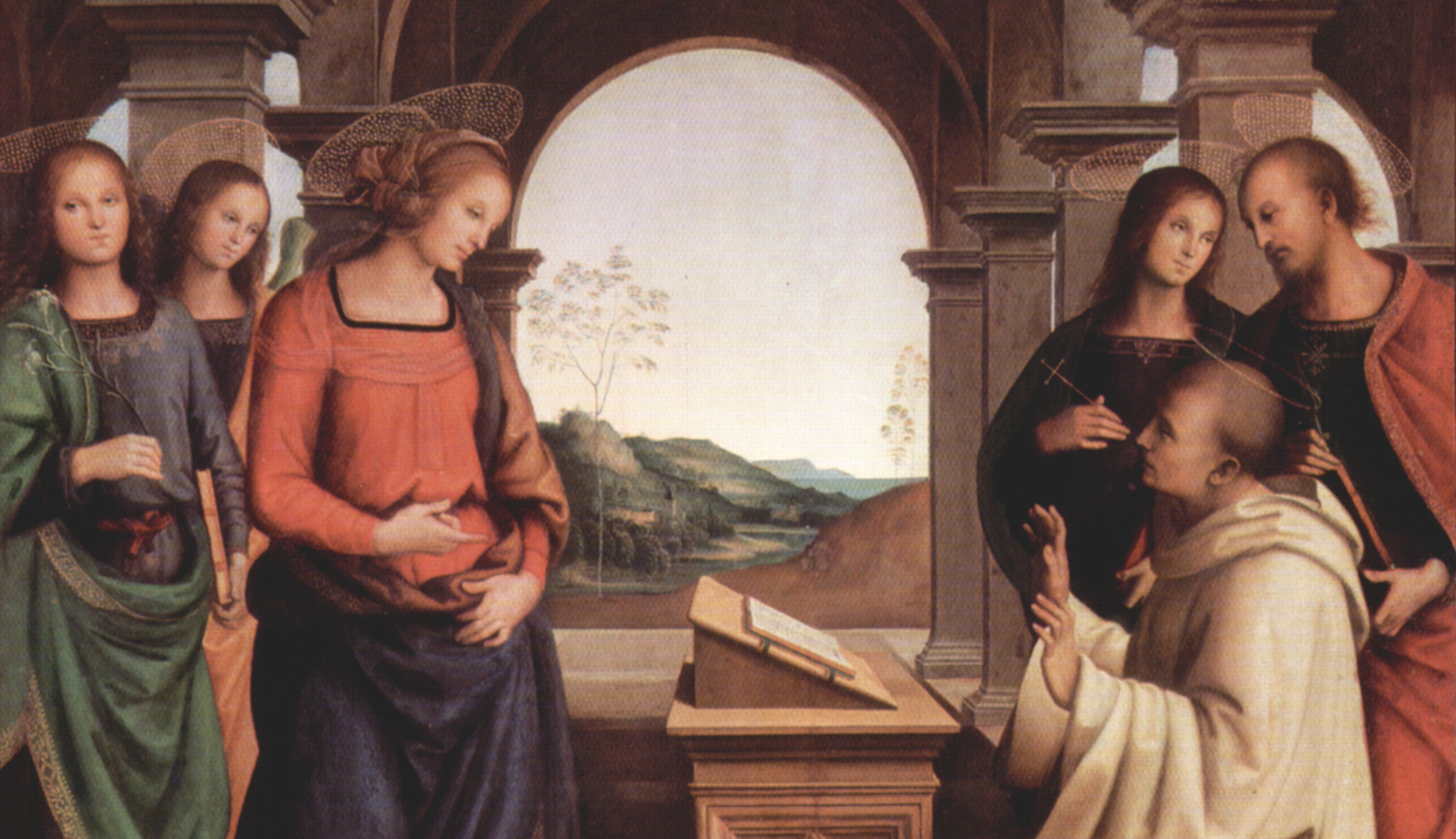 Pietro Perugino: Vision des Hl. Bernhard, Szene: Maria und zwei Engel erscheinen dem Hl. Berhard, im Hintergrund: Hl. Johannes der Evangelist und Hl. Bartolomus, Detail