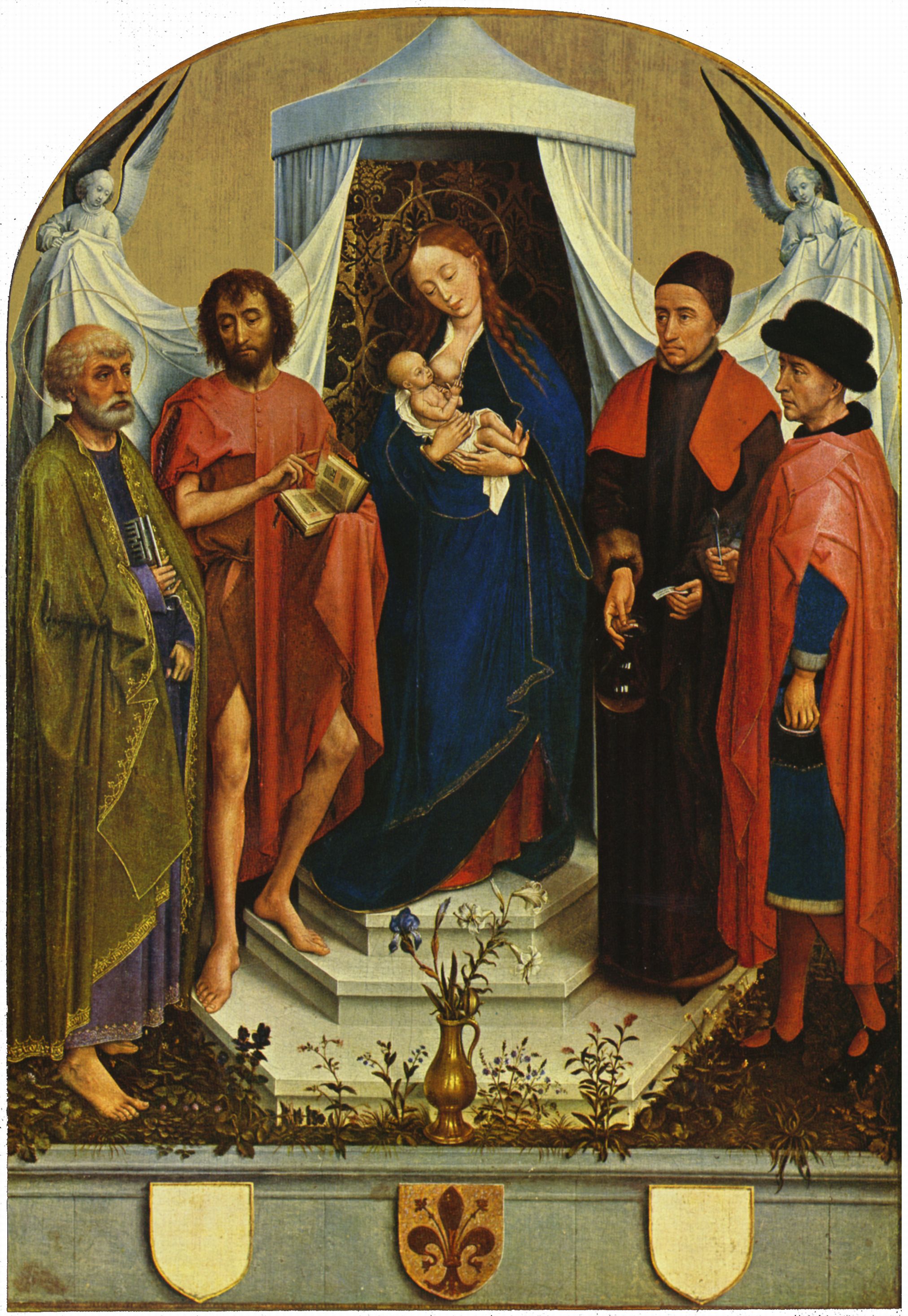 Rogier van der Weyden: Medici-Madonna, Szene: Madonna mit den Heiligen Petrus, Johannes dem Tufer, den Heiligen Kosmas und Damian
