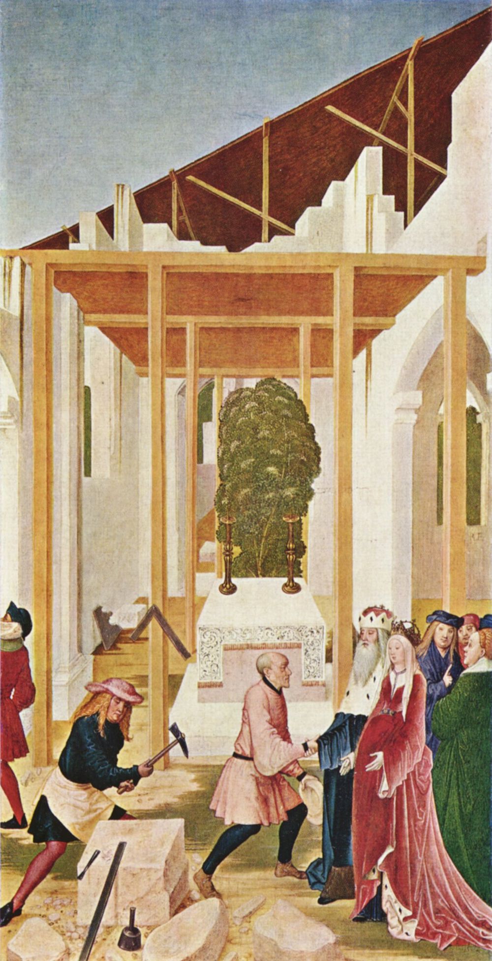 Rueland Frueauf d. J.: Leopold-Altar, Flgelbild: Erbauung der Stiftskirche