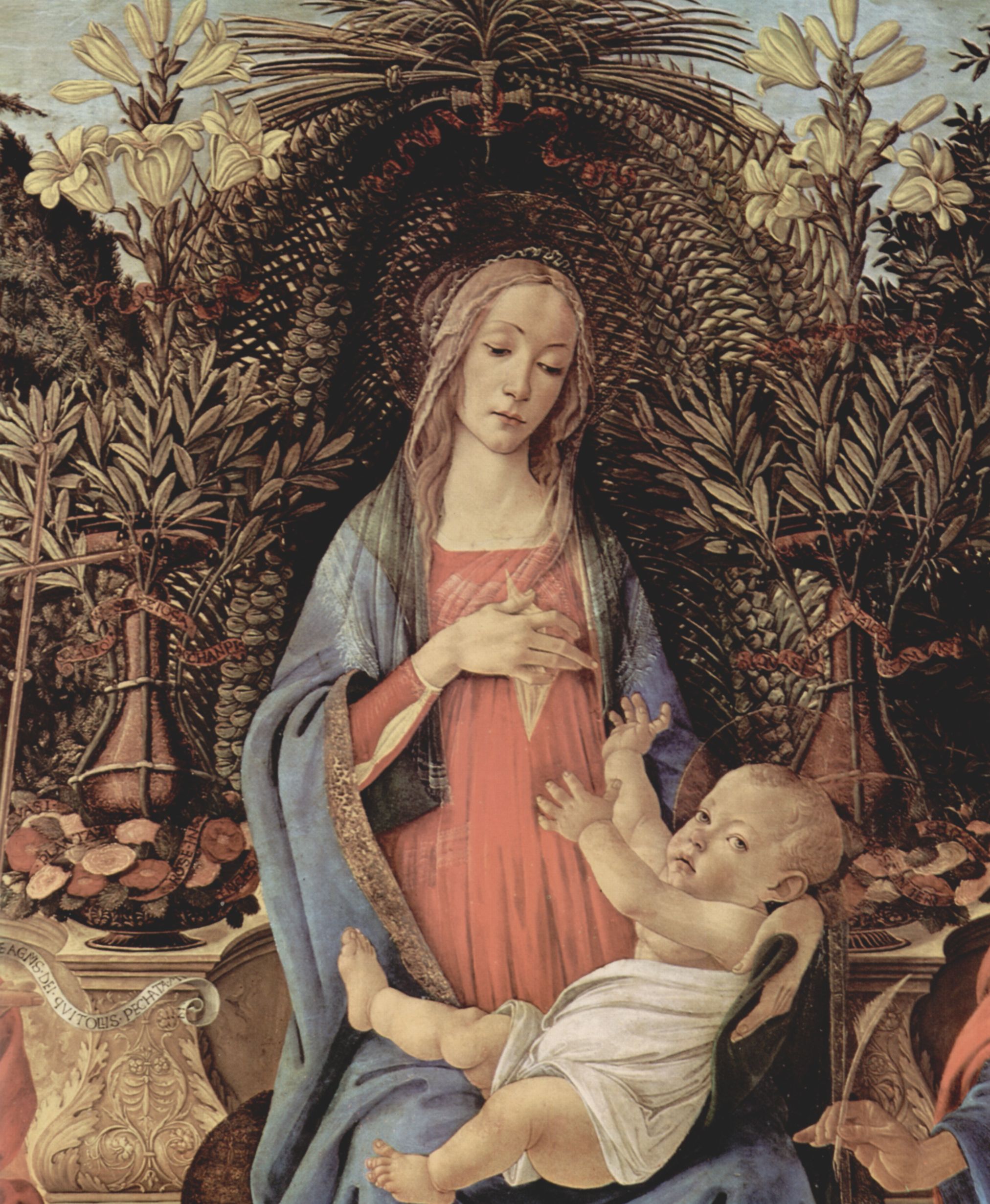 Sandro Botticelli: Bardi-Altar, Thronende Madonna, Johannes der Tufer und Johannes der Evangelist, Detail: Maria und Christuskind
