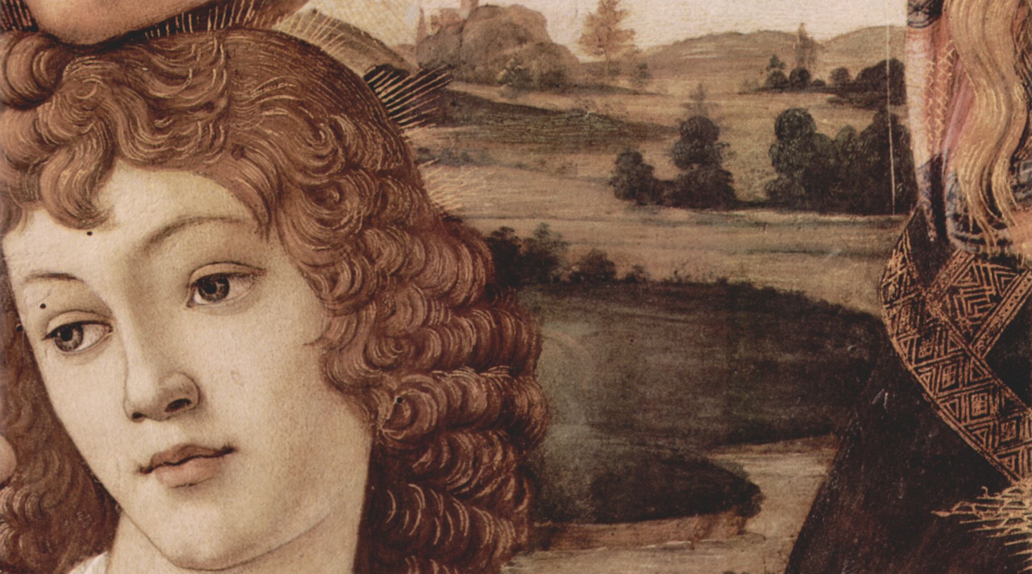 Sandro Botticelli: Madonna del Magnificat, Szene: Maria mit Christuskind und fnf Engeln, Tondo, Detail: Landschaft im Hintergrund