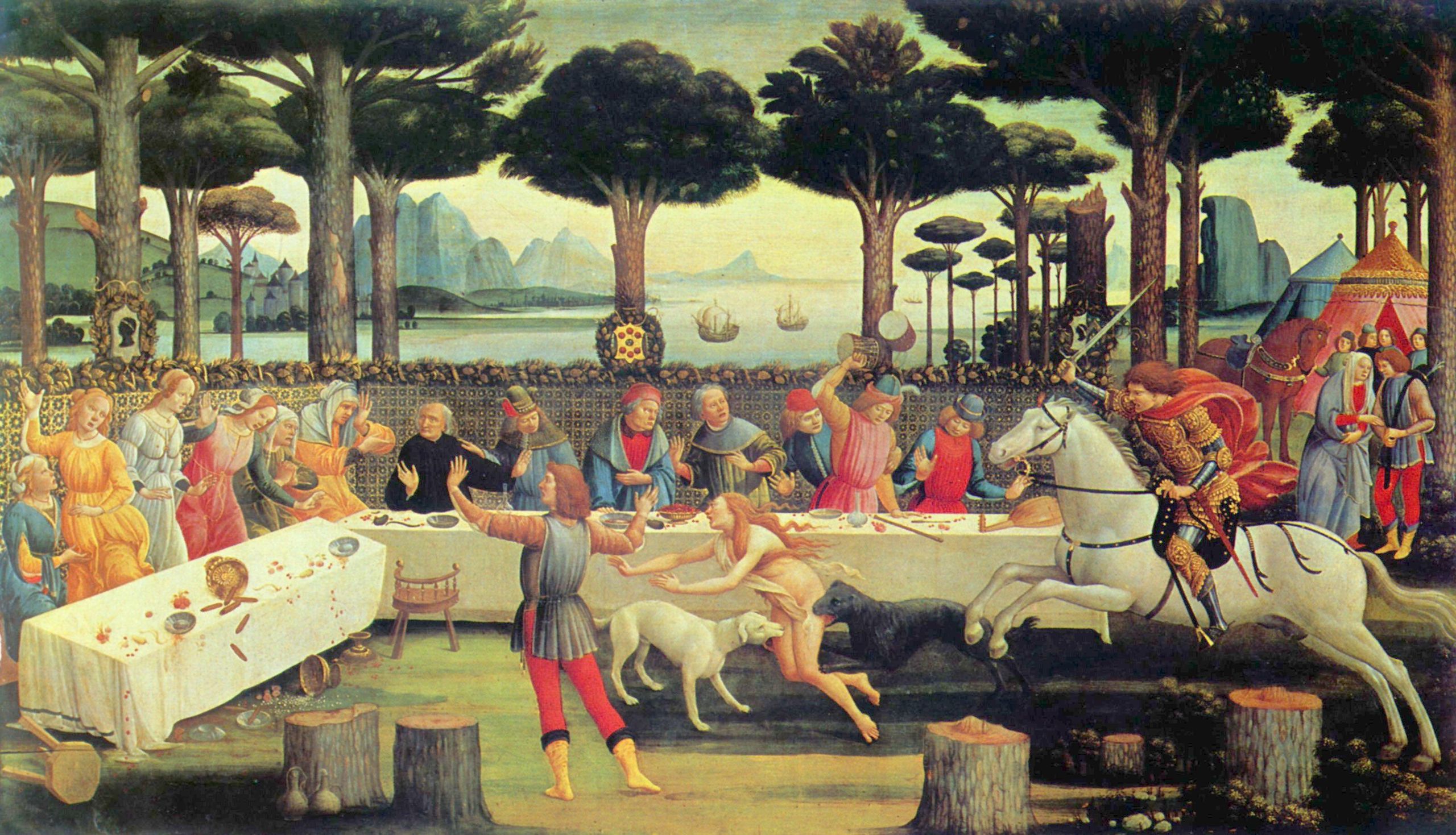 Sandro Botticelli: Serie von vier Gemlden zu Boccaccio's Decameron, Gastmahl des Nastagio degli Onesti, Szene: Dritte Episode