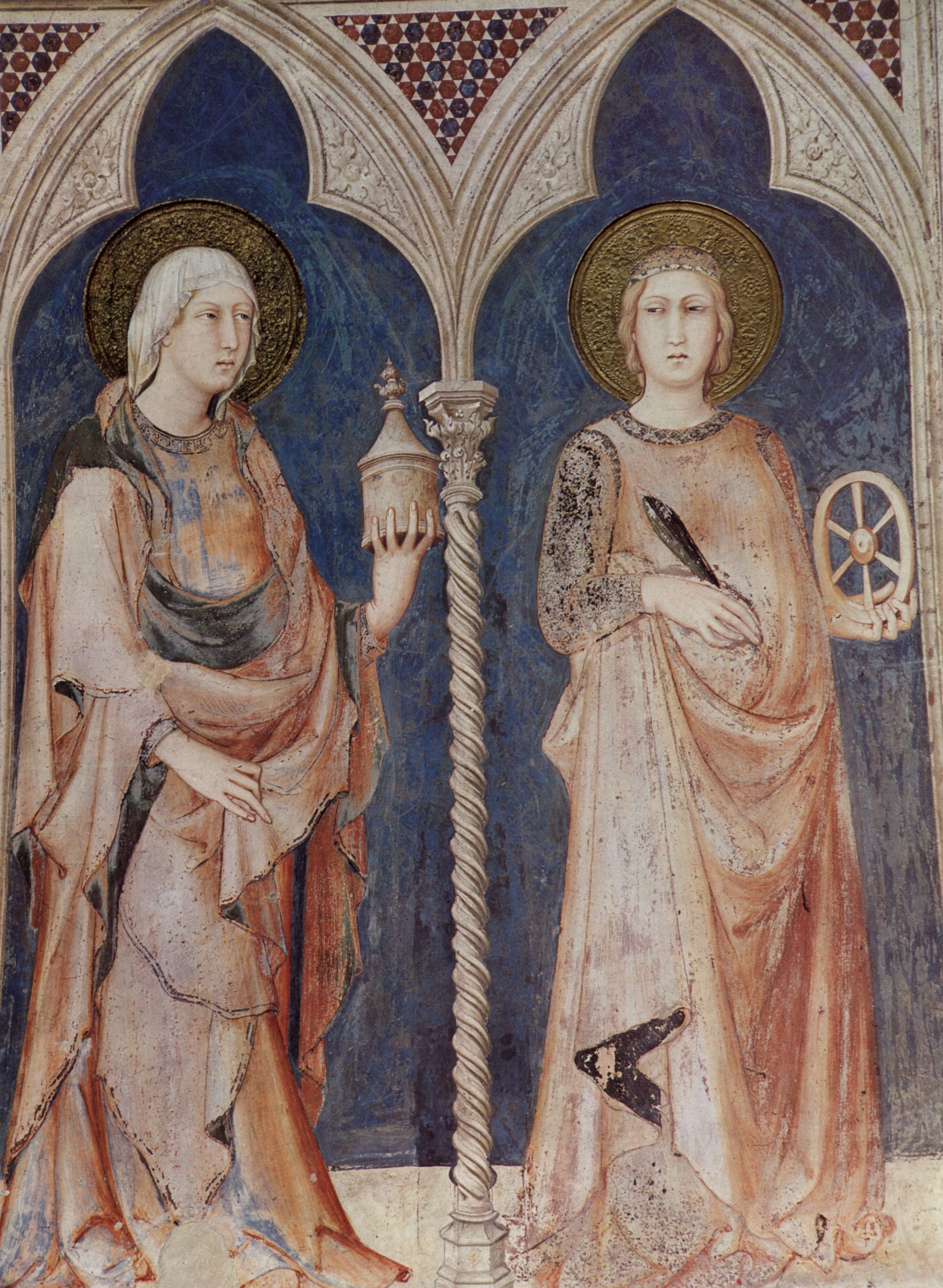 Simone Martini: Freskenzyklus mit Szenen aus dem Leben des Hl. Martin von Tours, Kapelle in Unterkirche San Francesco in Assisi, Szene: Heilige, v.l.: Hl. Maria Magdalena und Hl. Katharina von Alexandrien