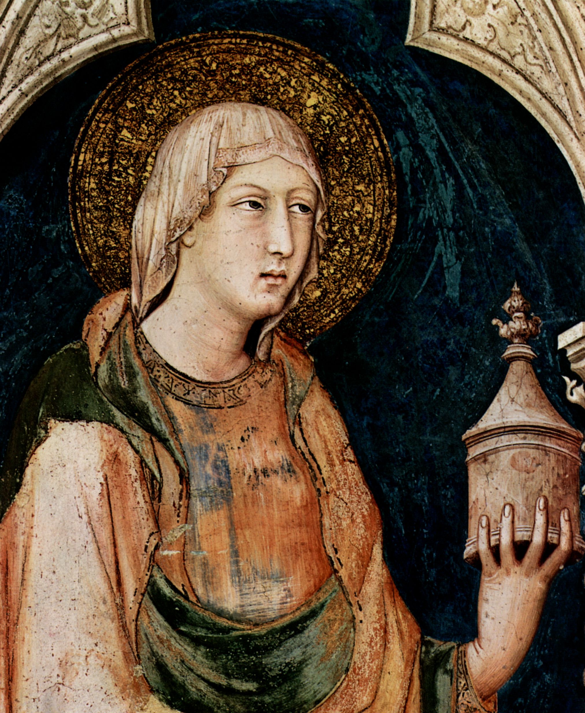 Simone Martini: Freskenzyklus mit Szenen aus dem Leben des Hl. Martin von Tours, Kapelle in Unterkirche San Francesco in Assisi, Szene: Heilige, v.l.: Hl. Maria Magdalena und Hl. Katharina von Alexandrien, Detail: Hl