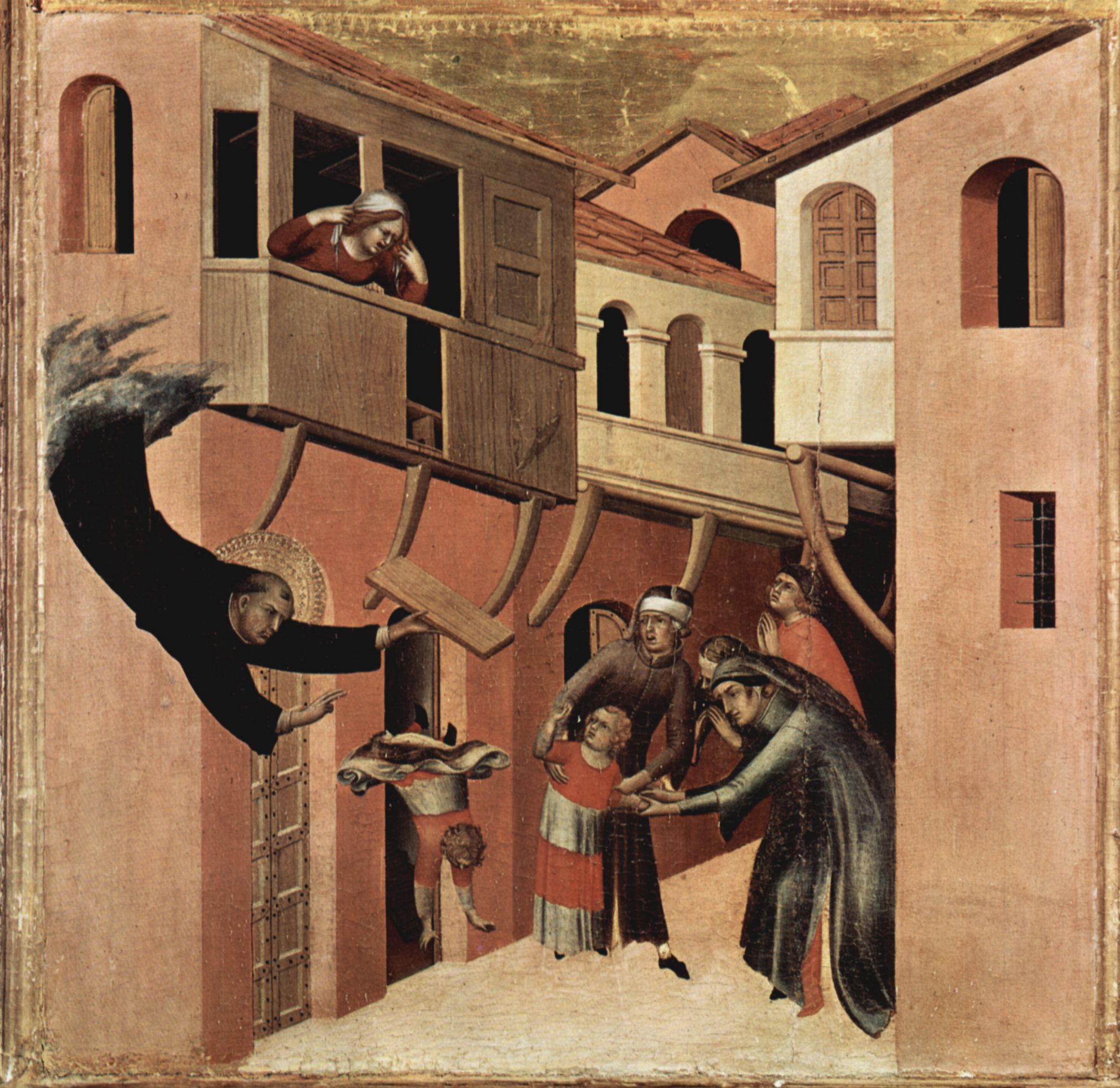 Simone Martini: Triptychon des Seligen Hl. Augustinus Novellus, linke Tafel, untere Szene: Augustinus erweckt das von einer Loggia gefallene Kind
