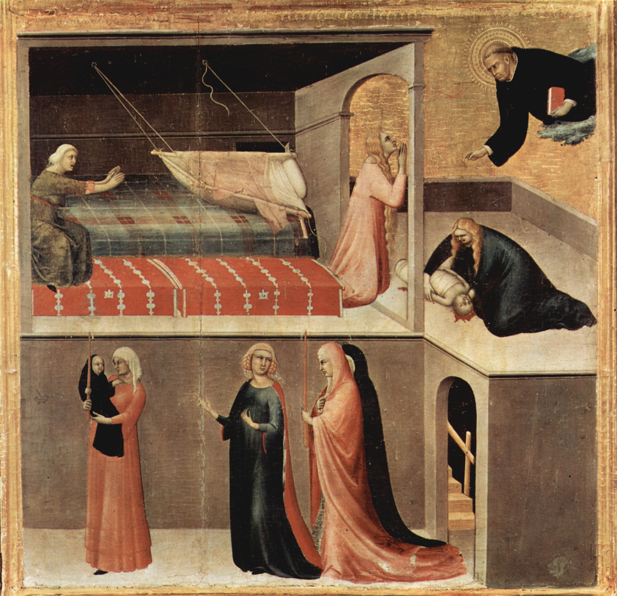 Simone Martini: Triptychon des Seligen Hl. Augustinus Novellus, rechte Tafel, untere Szene: Augustinus erweckt das aus einer Hngematte gestrzte Kind