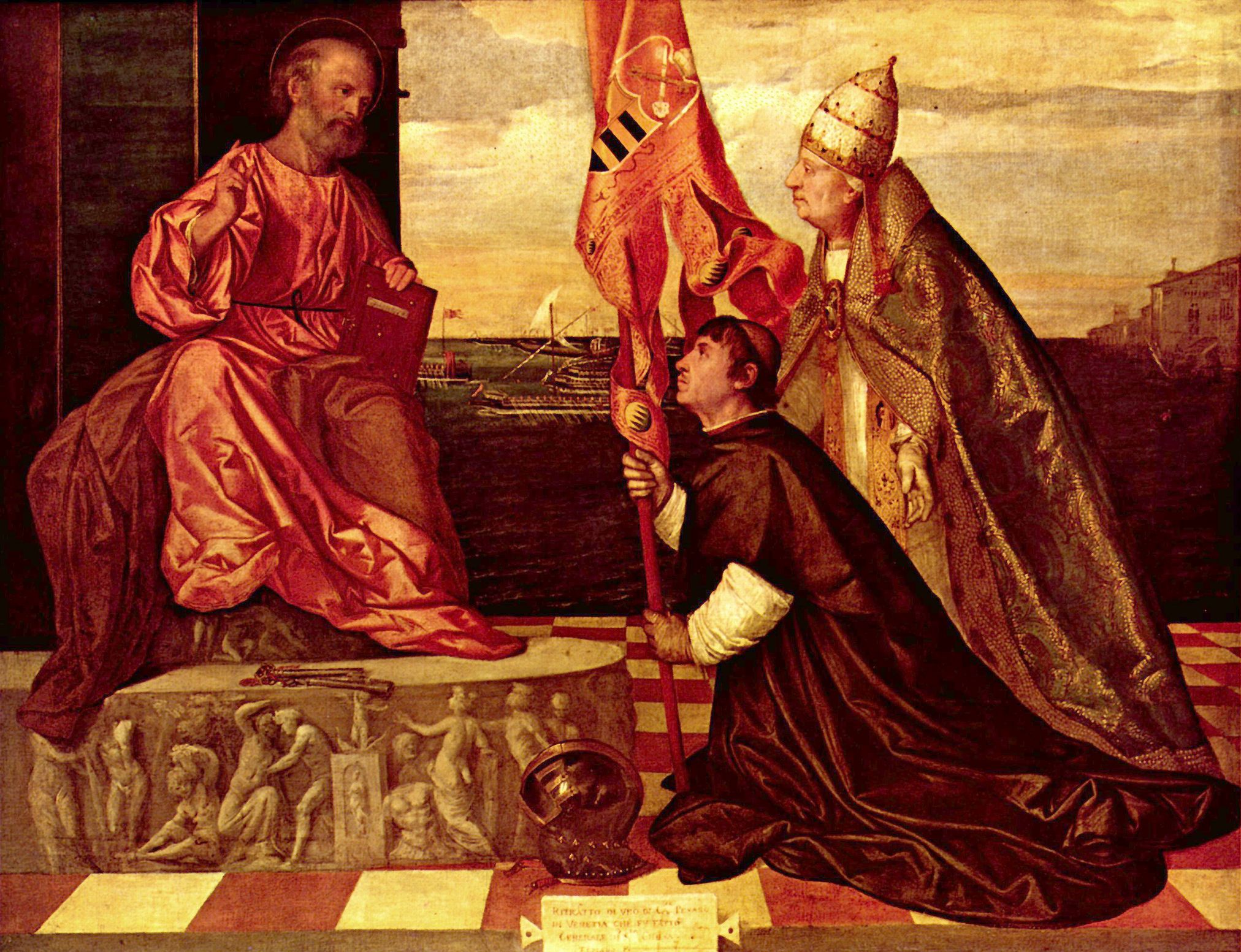 Tizian: Votivbild des Jacopo Pesaro, Szene: Papst Alexander VI.empfielt Jacopo Pesaro dem Hl. Petrus