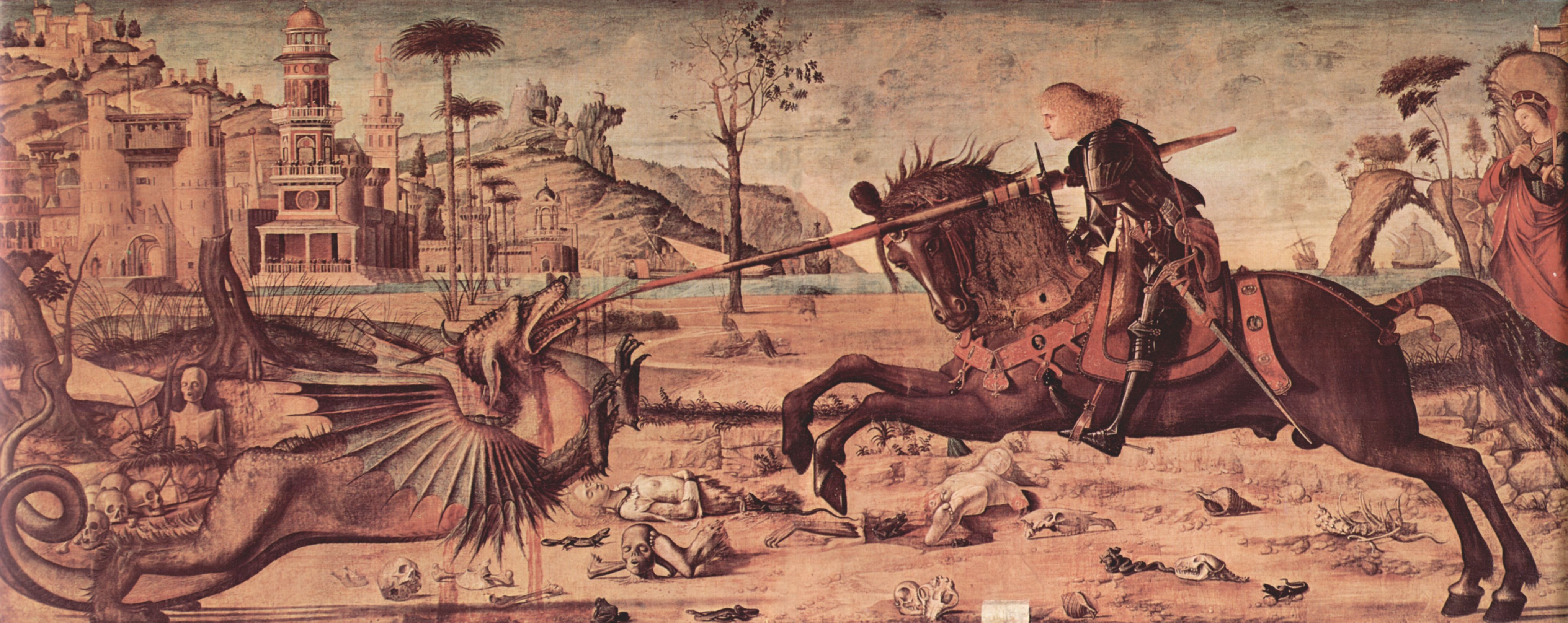 Vittore Carpaccio: Gemldezyklus der Kapelle der Scuola di San Giorgio degli Schiavoni, Szene: Hl. Georg im Kampf gegen den Drachen