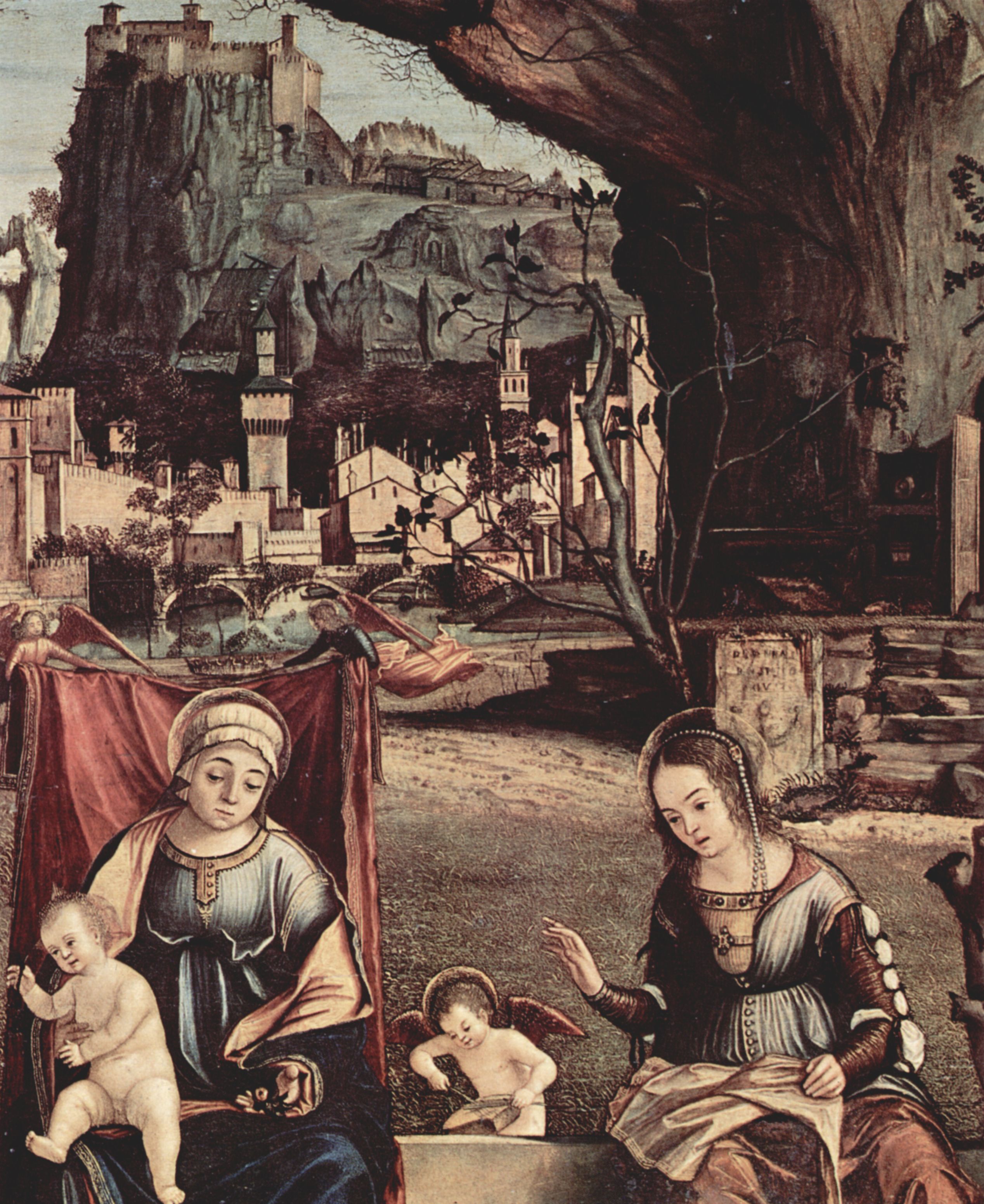 Vittore Carpaccio: Thronende Madonna und Johannes der Tufer, links: Hl. Josef und Hl. Anna, rechts: Hl. Elisabeth und Hl. Zacharias, Detail: Maria und Elisabeth