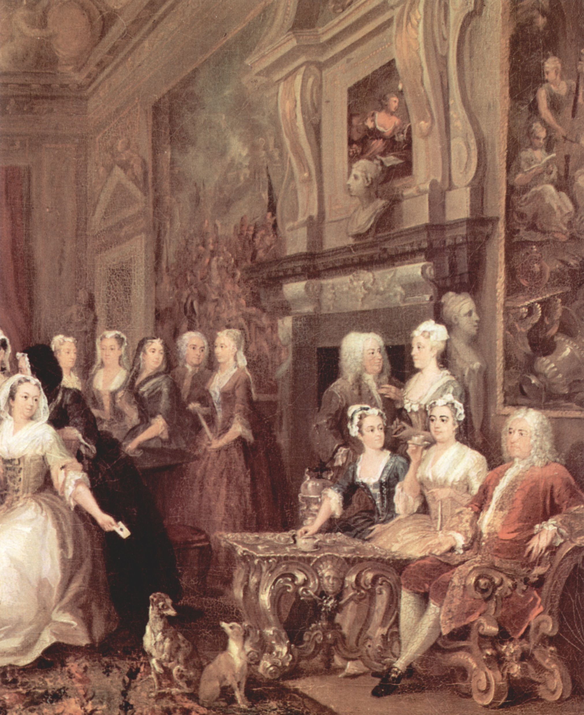 William Hogarth: Versammlung im Wanstead House, Detail: Sir Richard Child (rechts am Tisch), seiner Frau Dorothy Glynne und seiner Tochter
